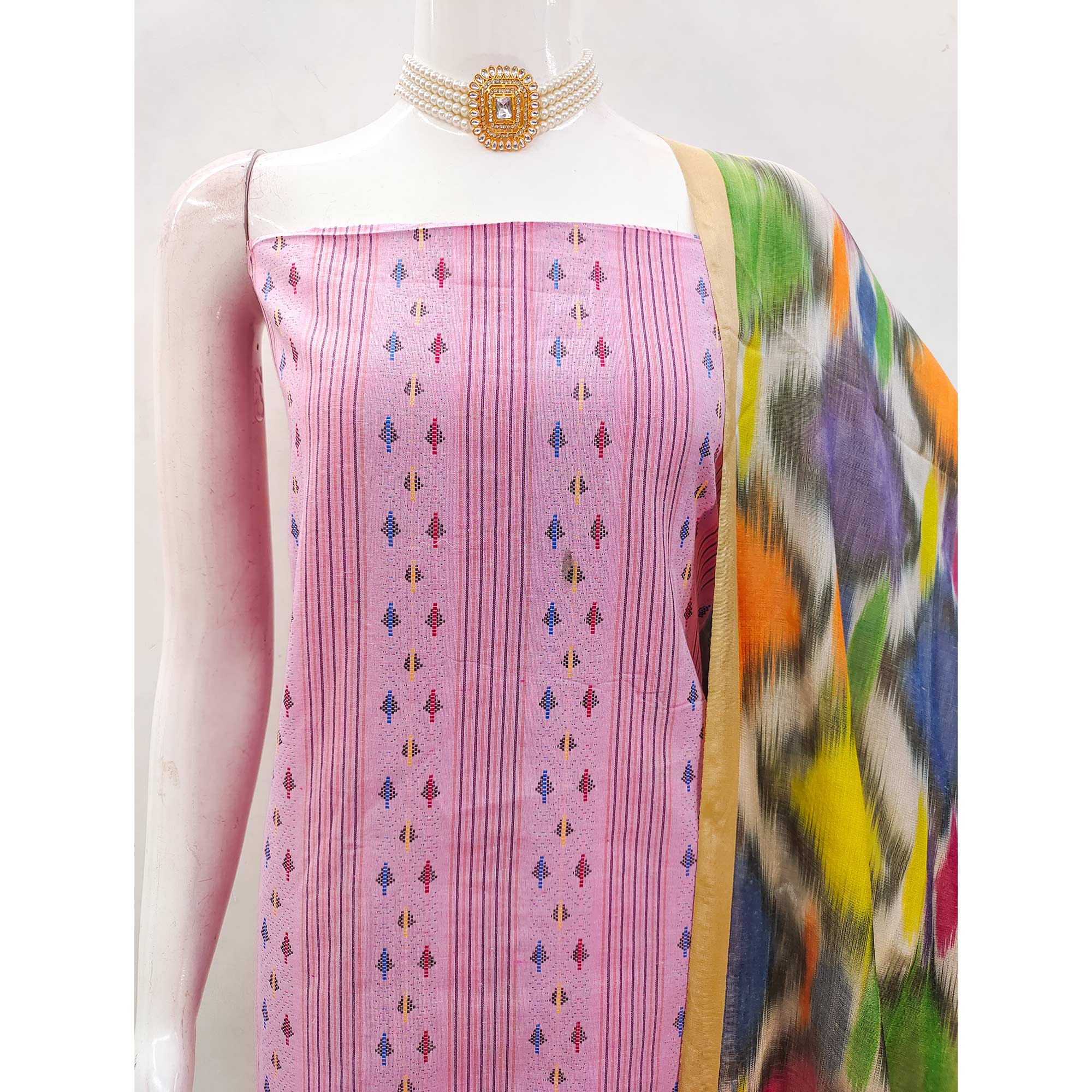 A Mesmerizing Creation Pink Woven Cotton Blend Dress Material
