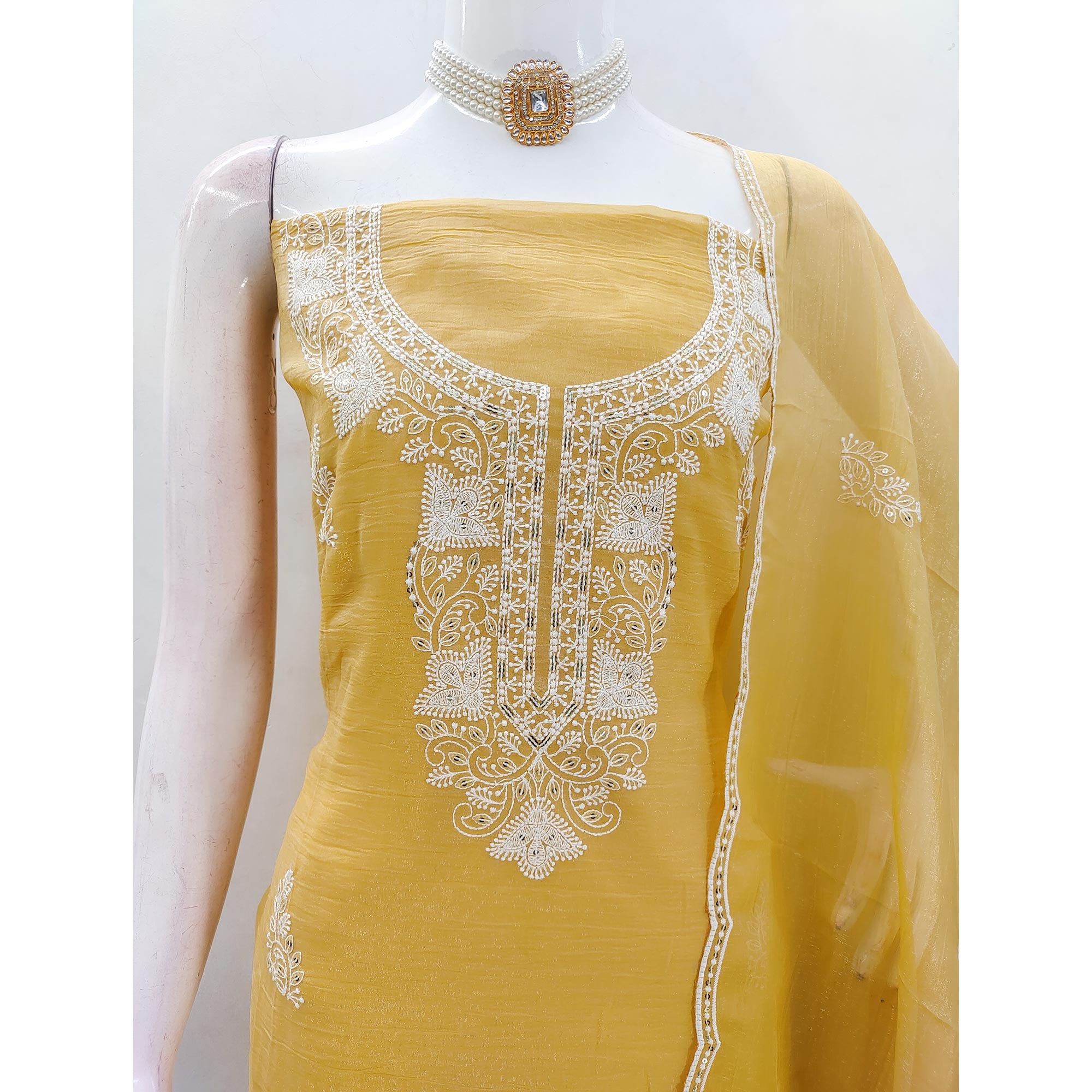 Yellow Georgette Crunchy Silk Dress Material with Elegant Floral Thread Embroidery & Sequins Work