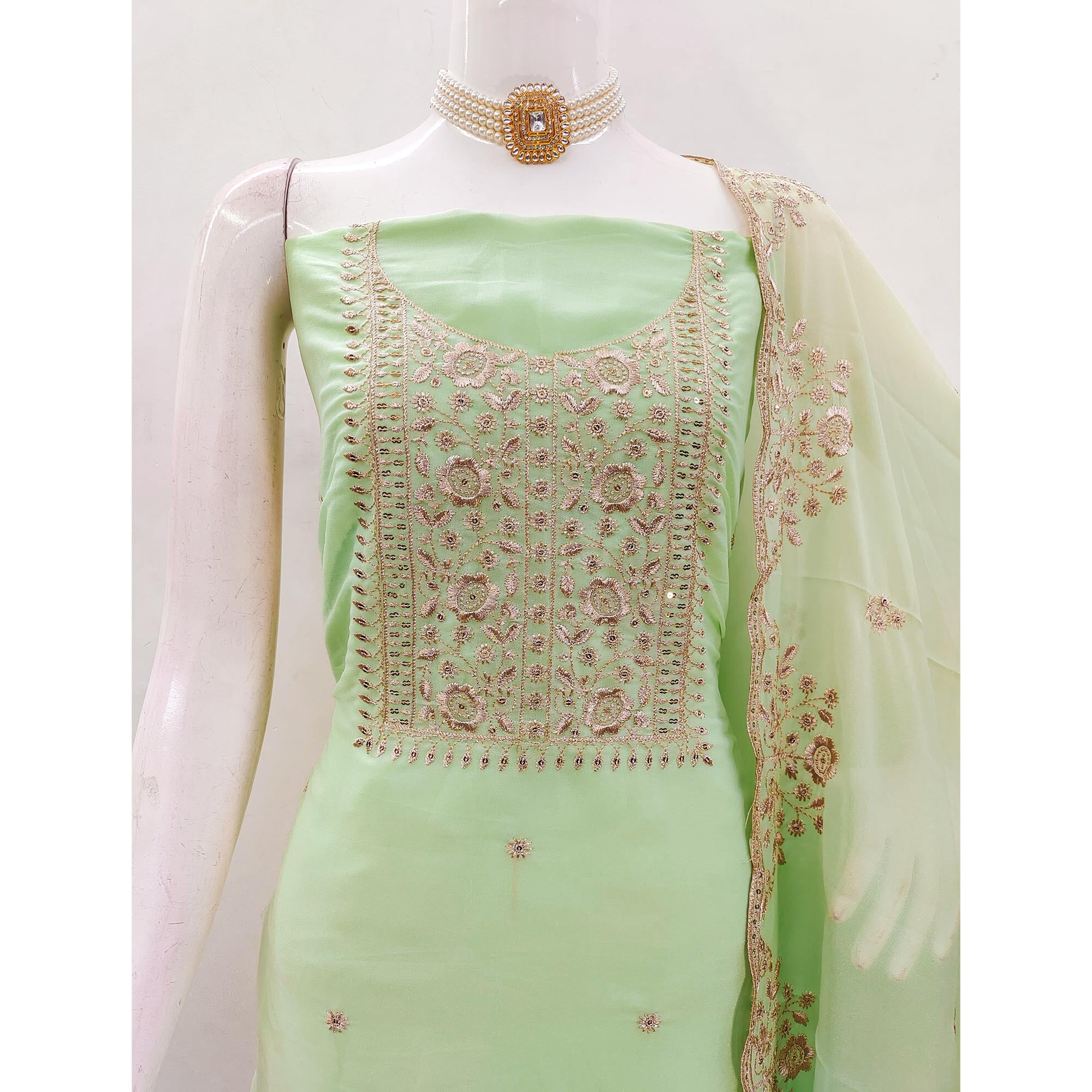 Green Georgette Dress Material With Intricate Floral Zari Embroidery & Sequins Work