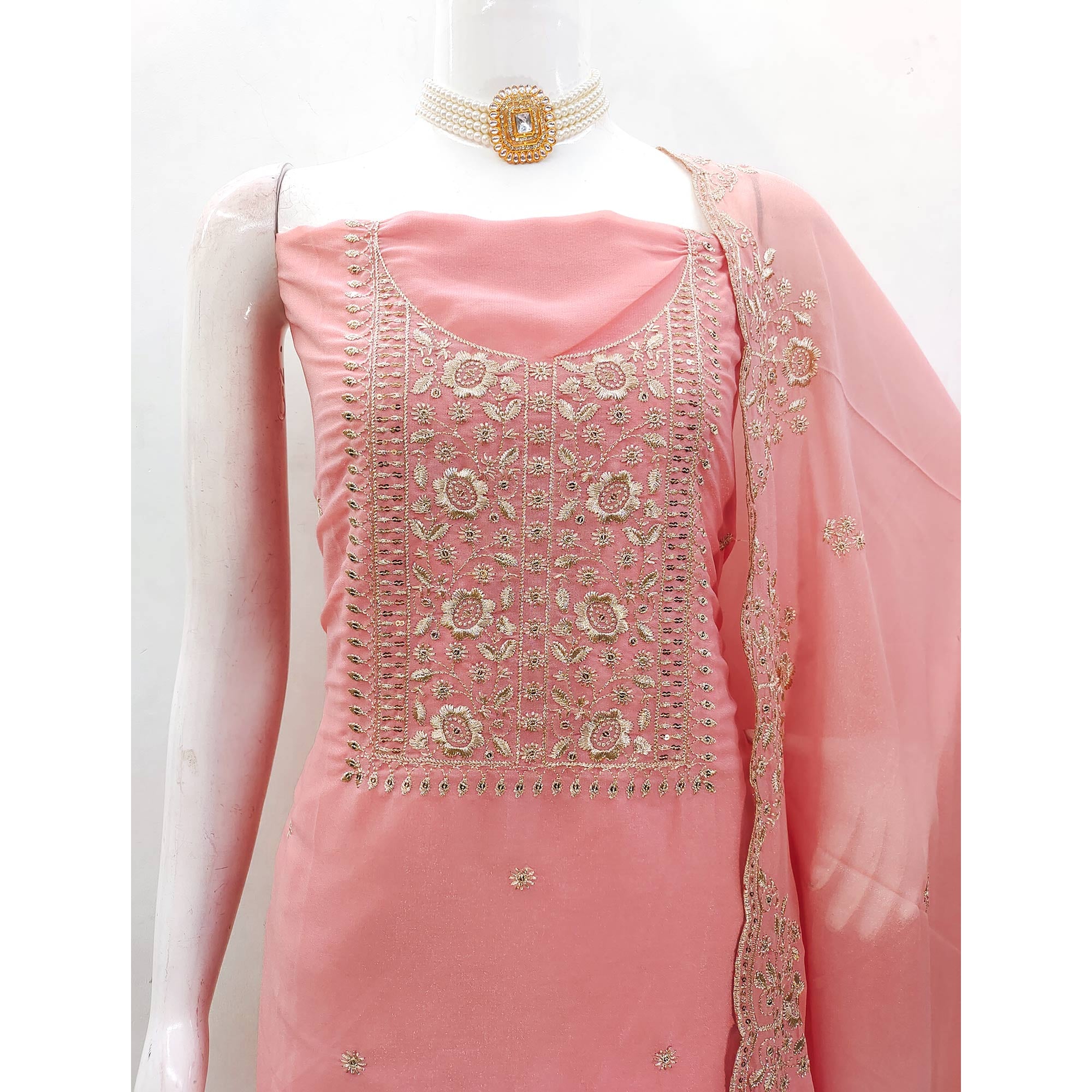 Peach Georgette Dress Material With Intricate Floral Zari Embroidery & Sequins Work