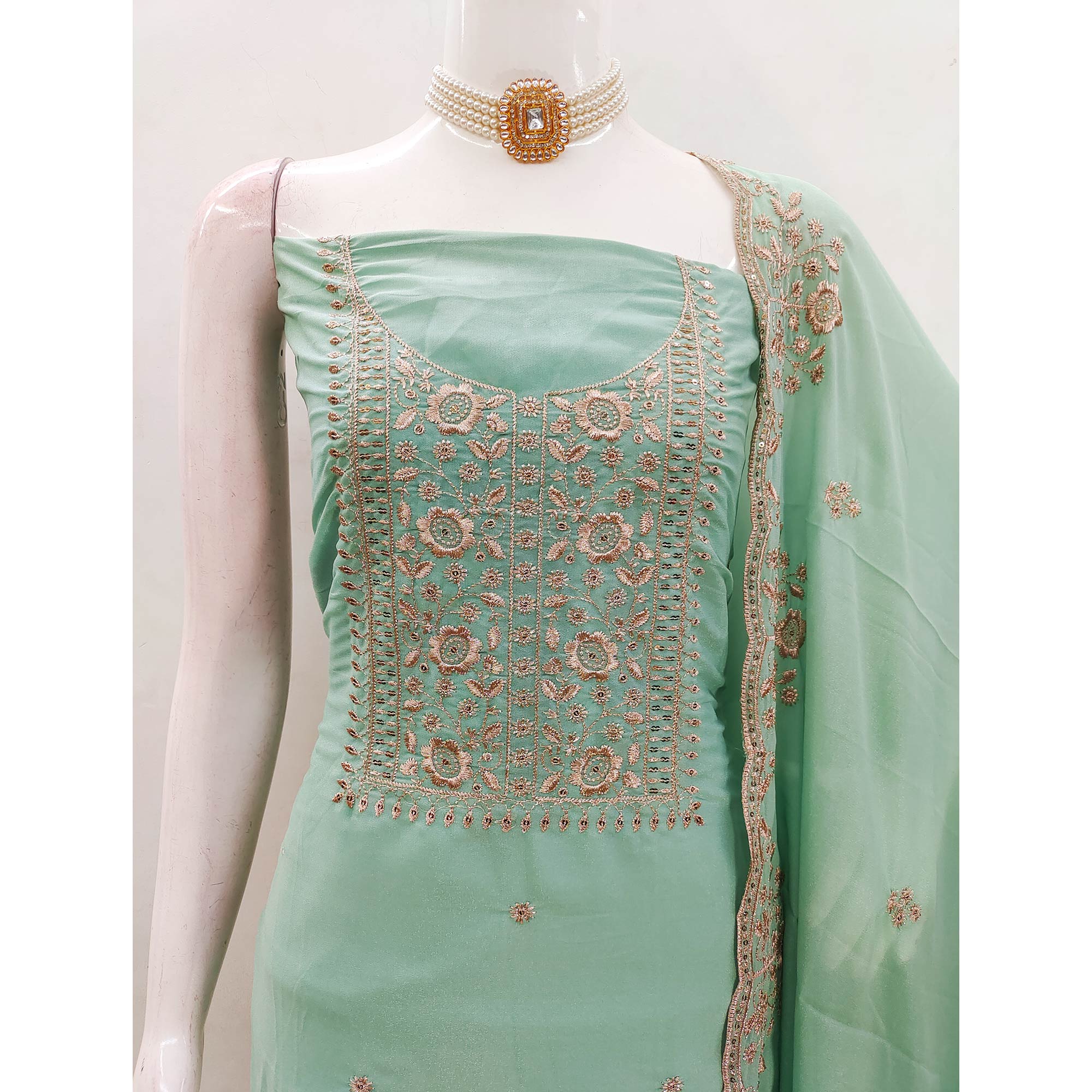 Turquoise Georgette Dress Material With Intricate Floral Zari Embroidery & Sequins Work