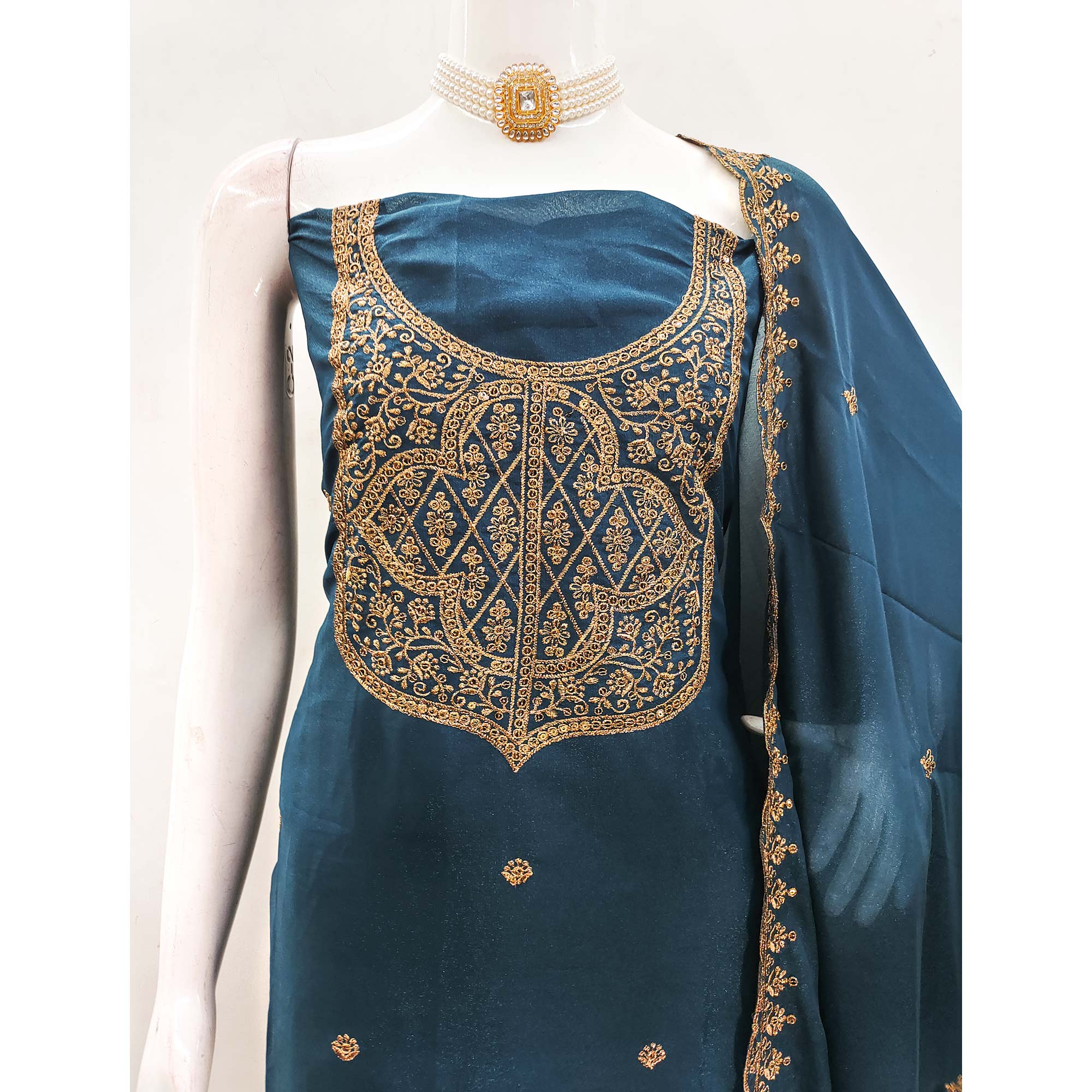 Morpich Blue Georgette Dress Material With Sparkling Sequins & Zari Floral Embroidery