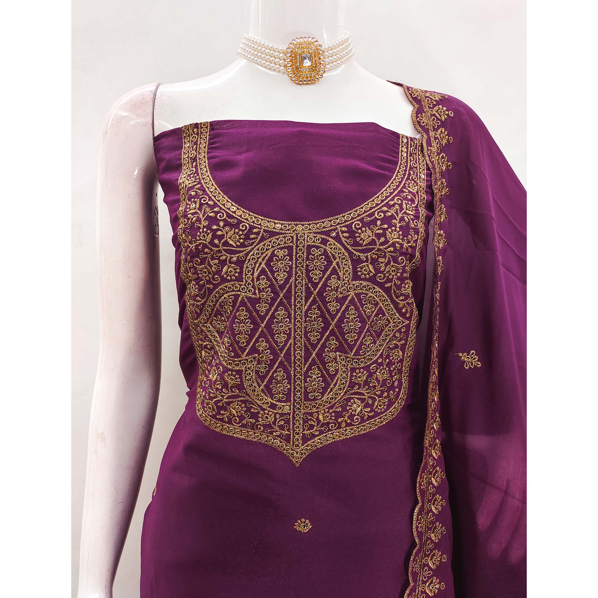 Wine Georgette Dress Material With Sparkling Sequins & Zari Floral Embroidery