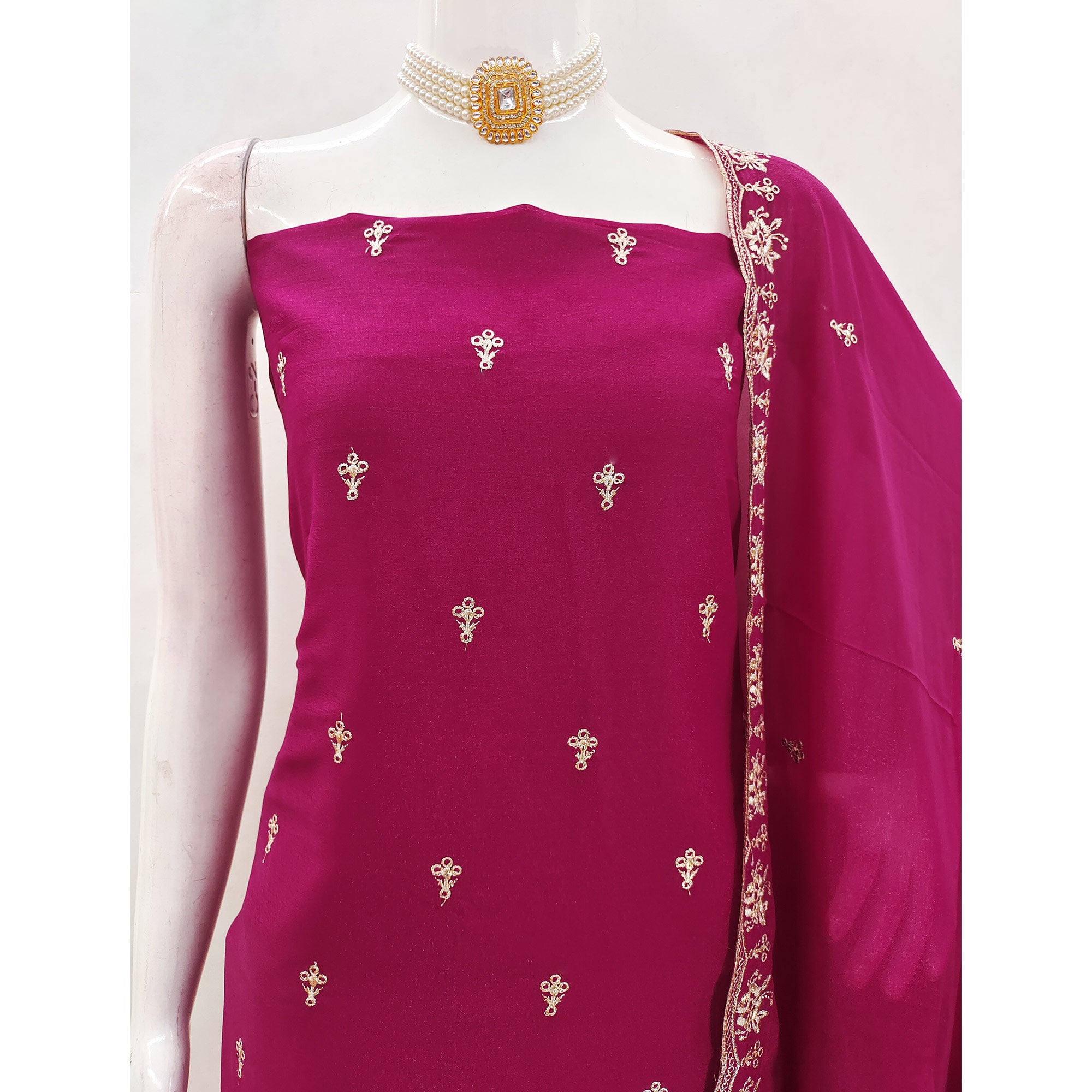 Rani Pink Georgette Dress Material With Delicate Floral Zari Embroidery