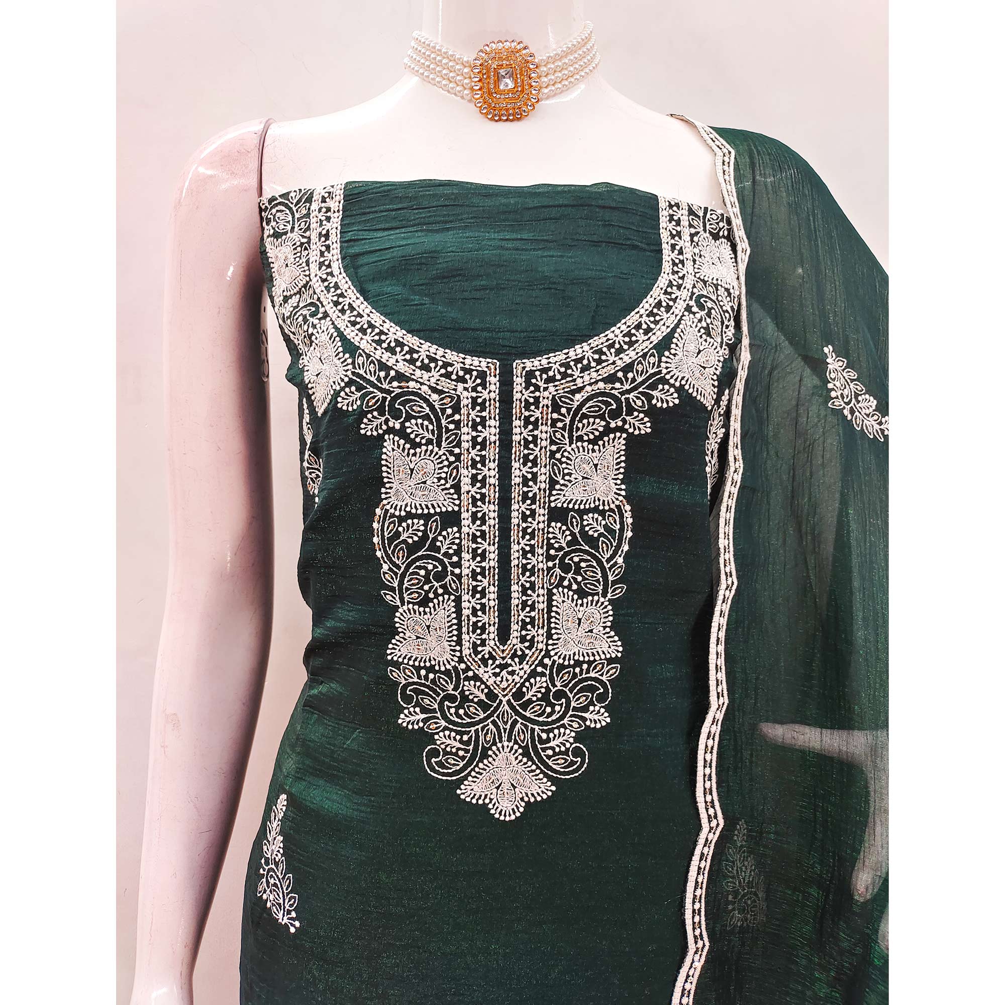 Bottle Green Dress Material With Threaded Floral Embroidery & Sequins on Crunchy Silk Georgette