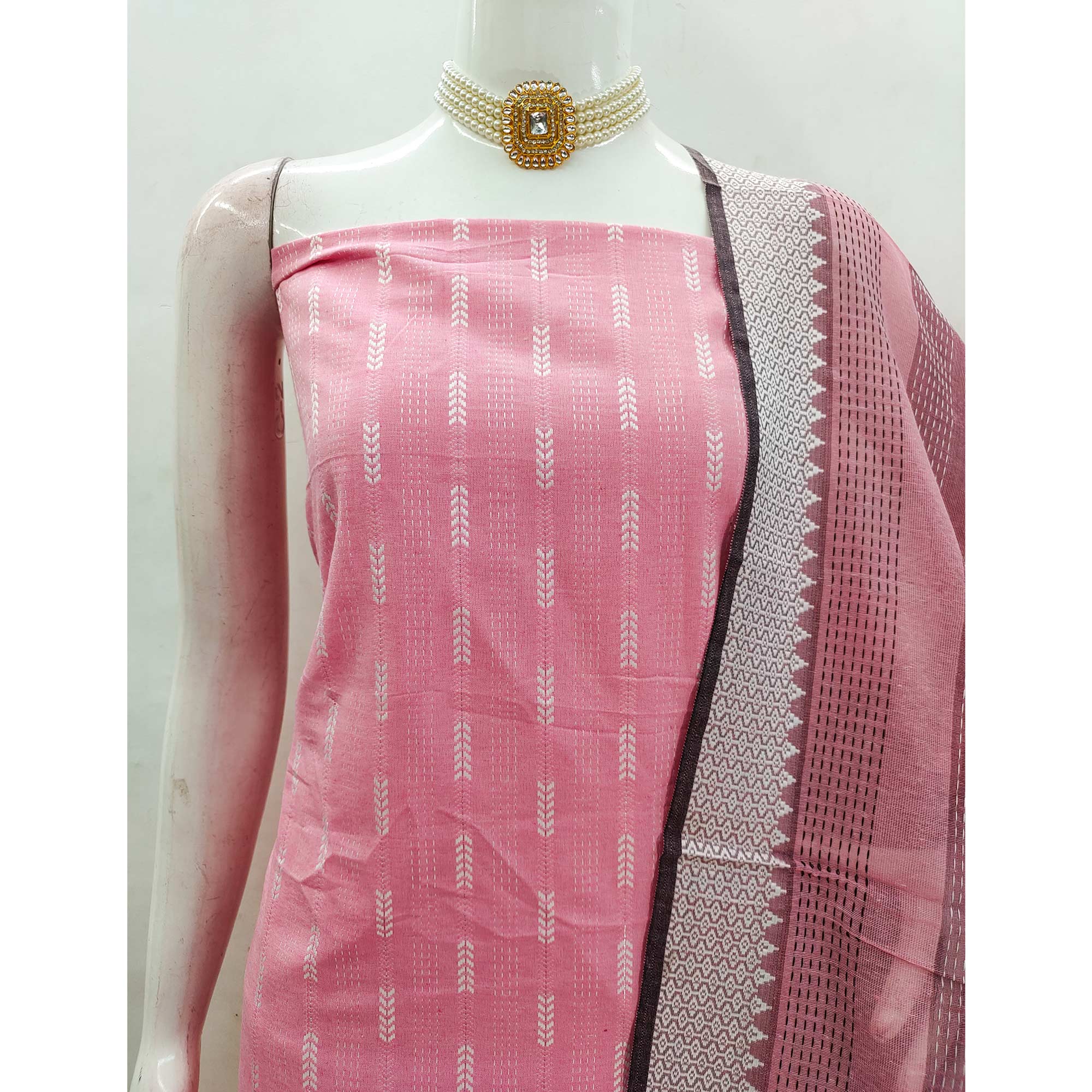 Elegant Pink Woven Texture Dress Material In Poly Cotton Blend