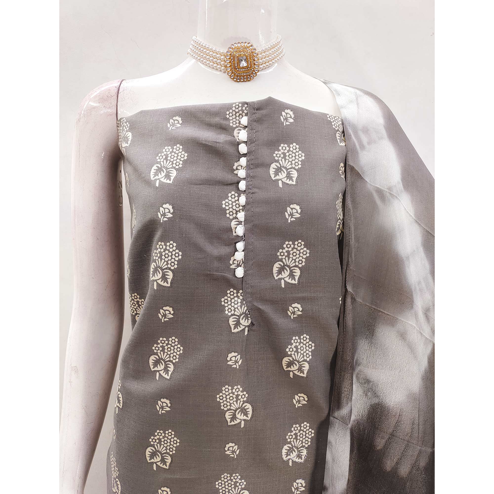 Sophisticated Grey Floral Printed Cotton Blend Dress Material