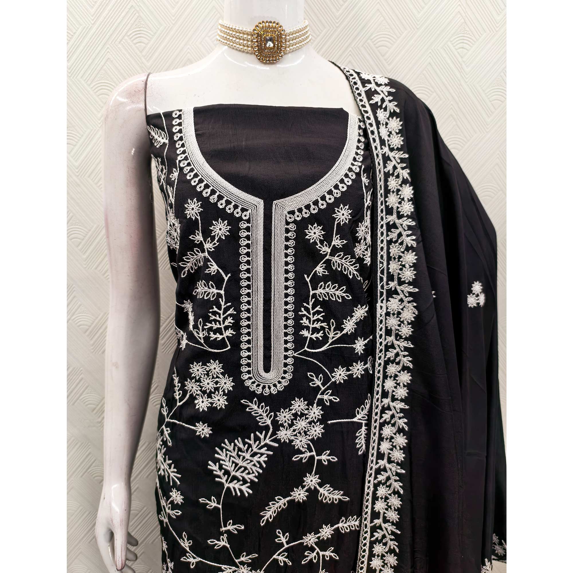 Black Art Silk Dress Material Adorned With Floral Thread Embroidery Work