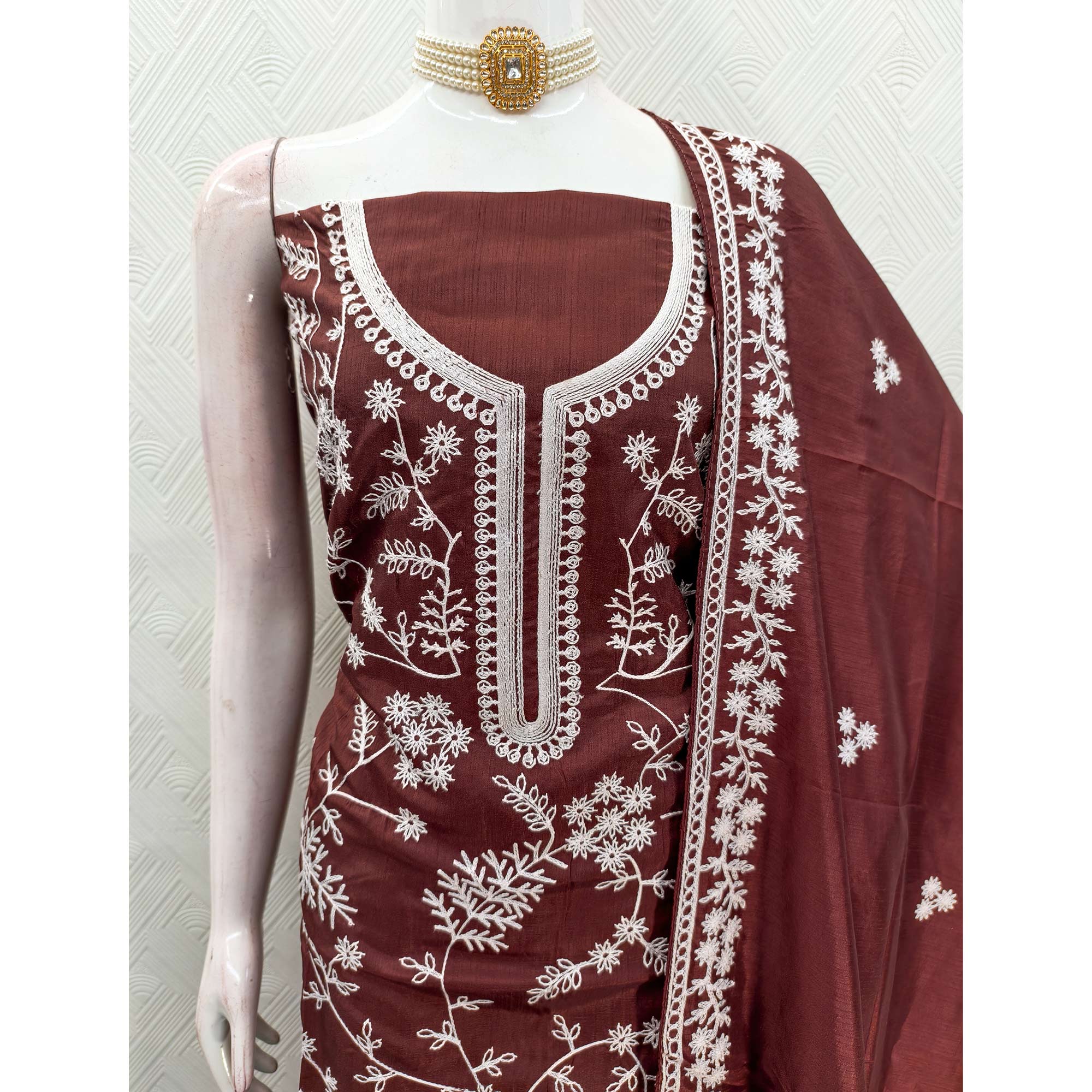 Maroon Art Silk Dress Material Adorned With Floral Thread Embroidery Work
