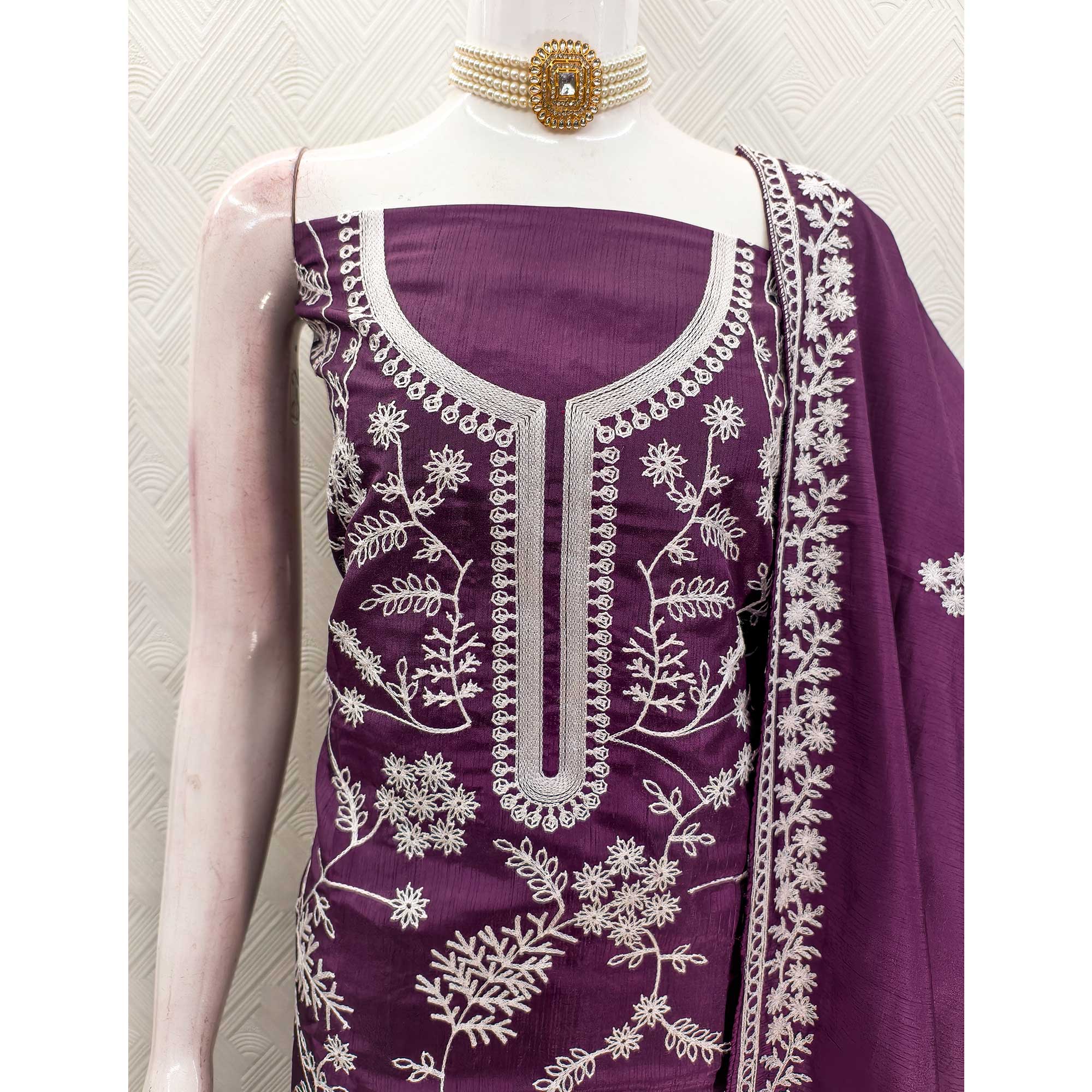 Purple Art Silk Dress Material Adorned With Floral Thread Embroidery Work
