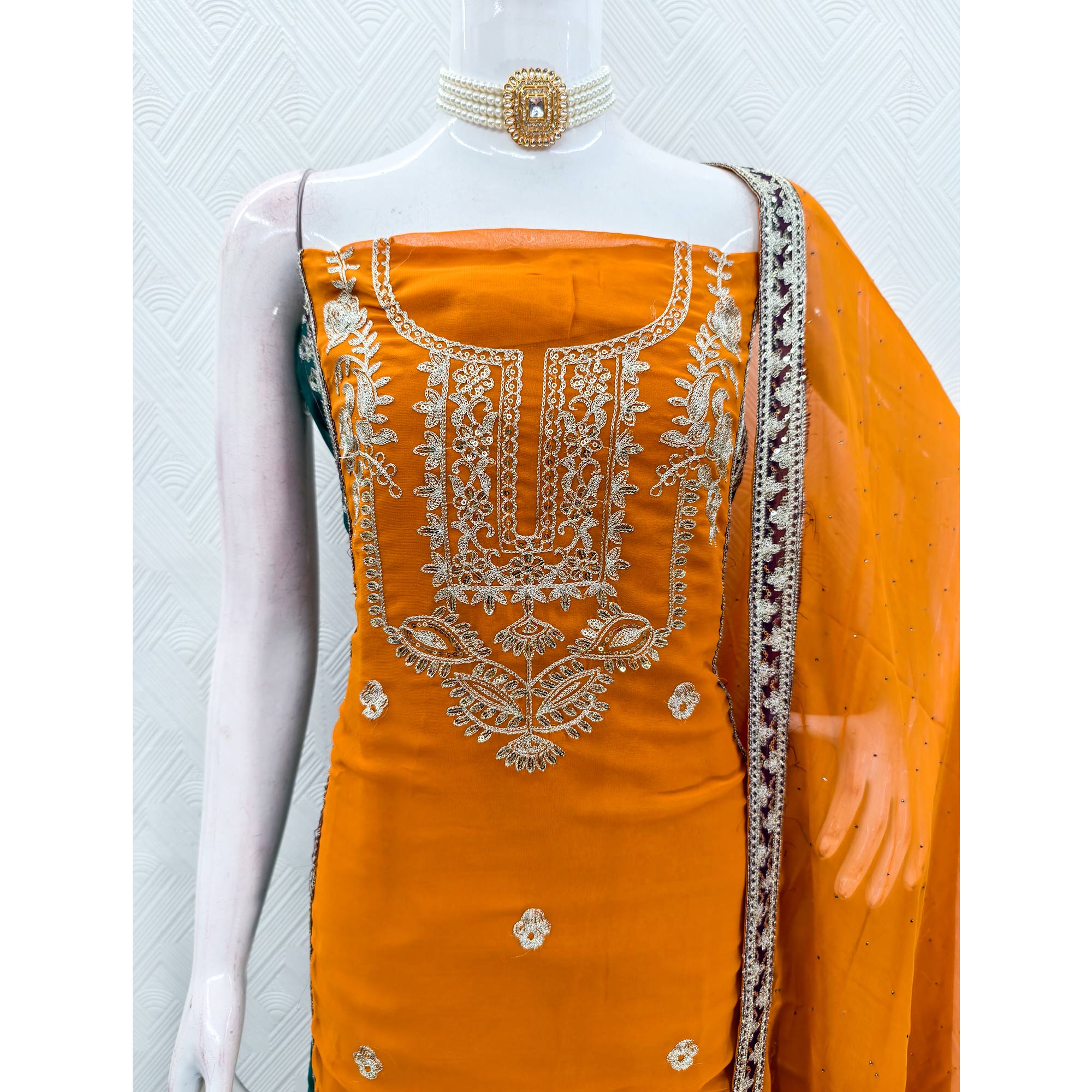 Mustard Georgette Dress Material Featuring Floral Thread Embroidery With Sequins Accents