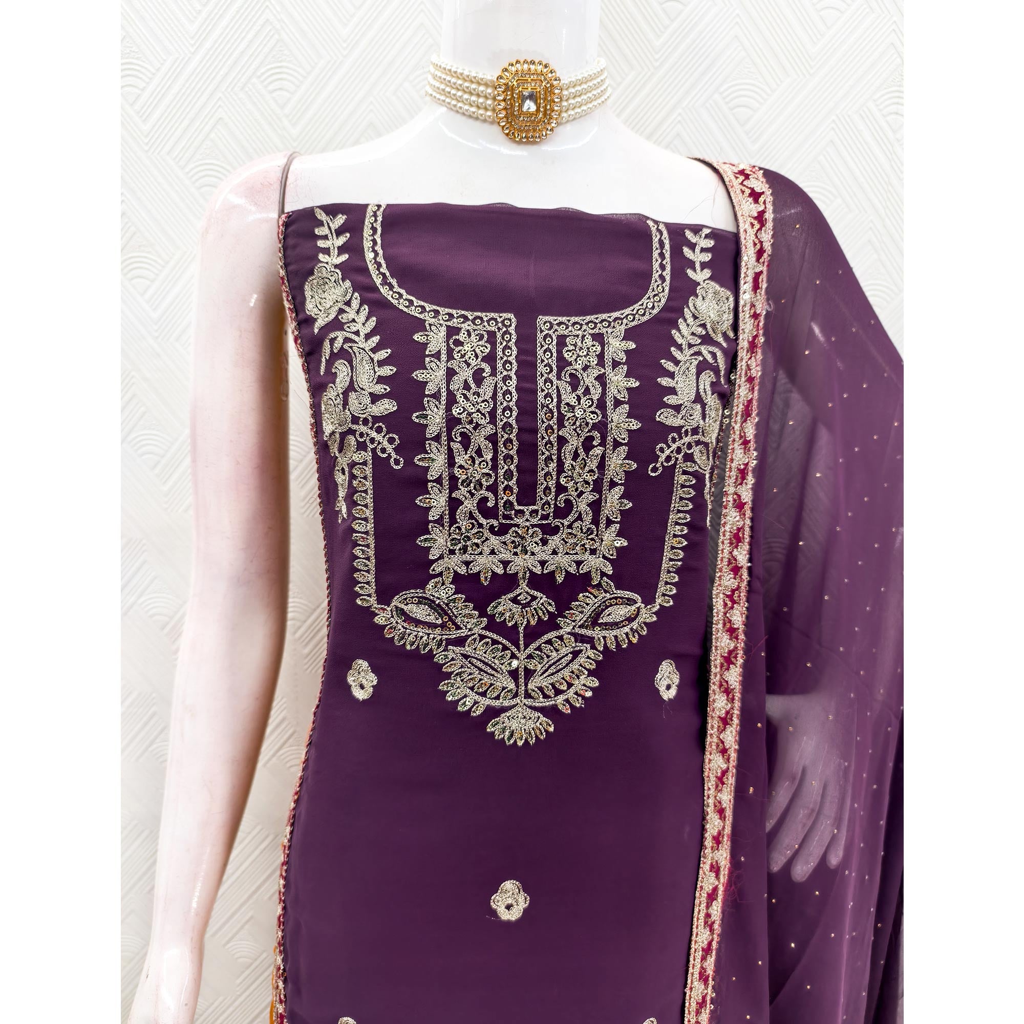 Purple Georgette Dress Material Featuring Floral Thread Embroidery With Sequins Accents