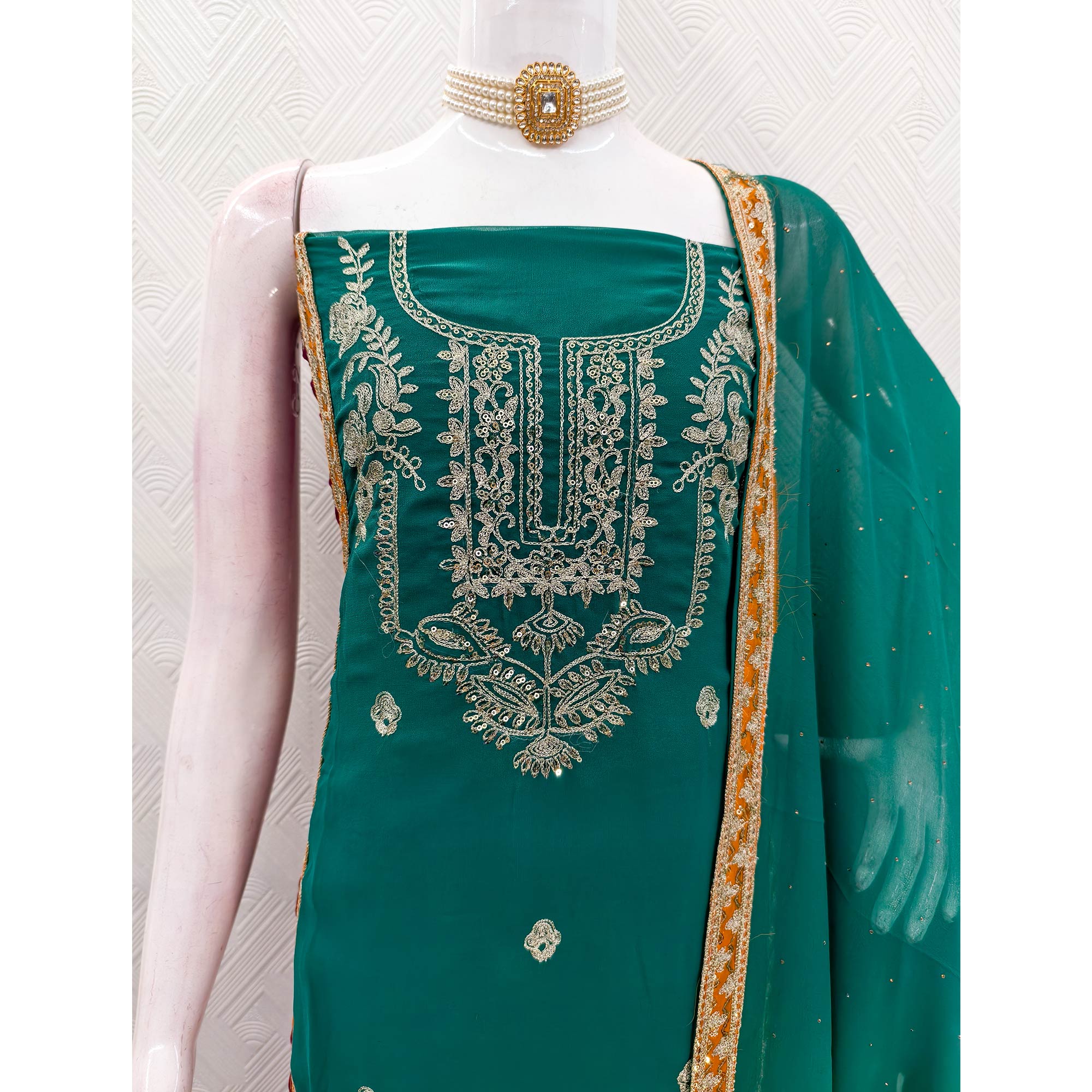 Rama Green Georgette Dress Material Featuring Floral Thread Embroidery With Sequins Accents