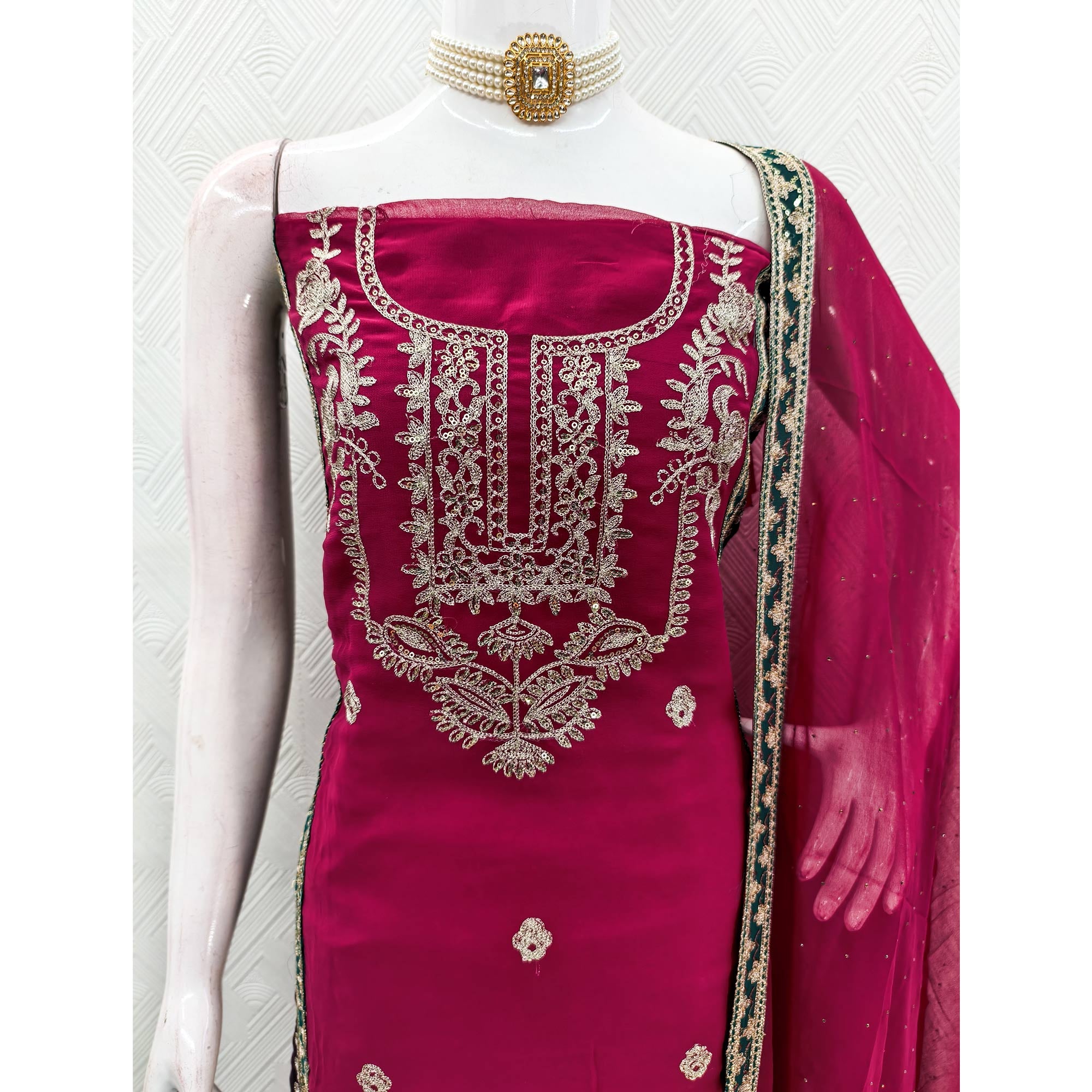 Rani Pink Georgette Dress Material Featuring Floral Thread Embroidery With Sequins Accents