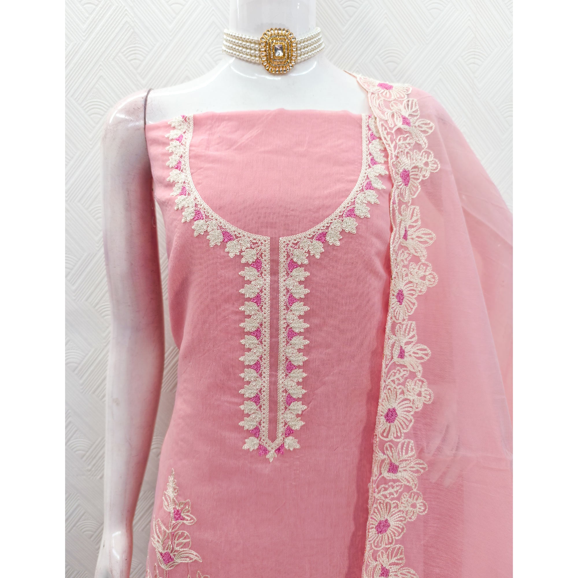 Baby Pink Chanderi Silk Dress Material Enhanced With Floral Thread Embroidered Work