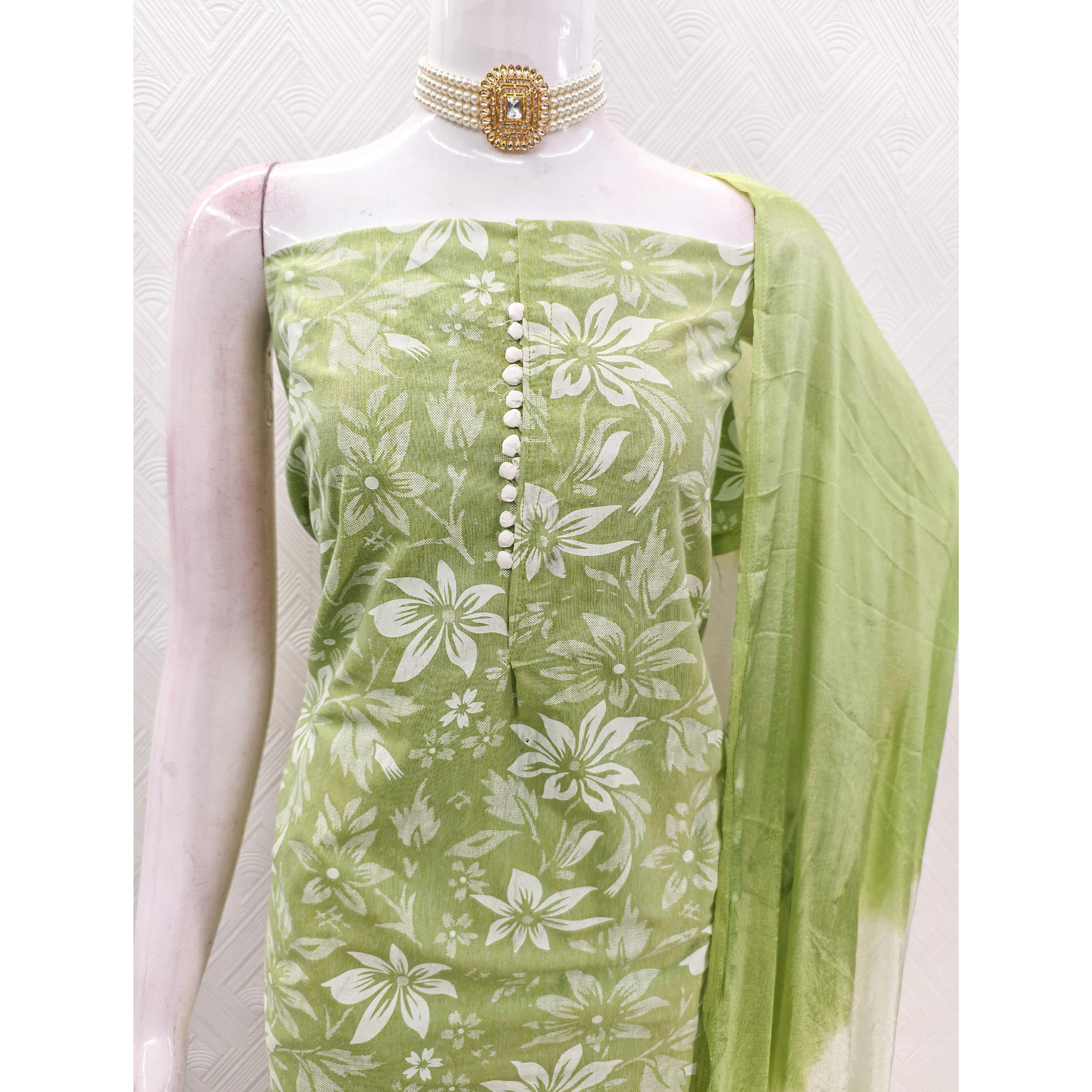 Green Cotton Blend Dress Material Adorned With Floral Printed Work