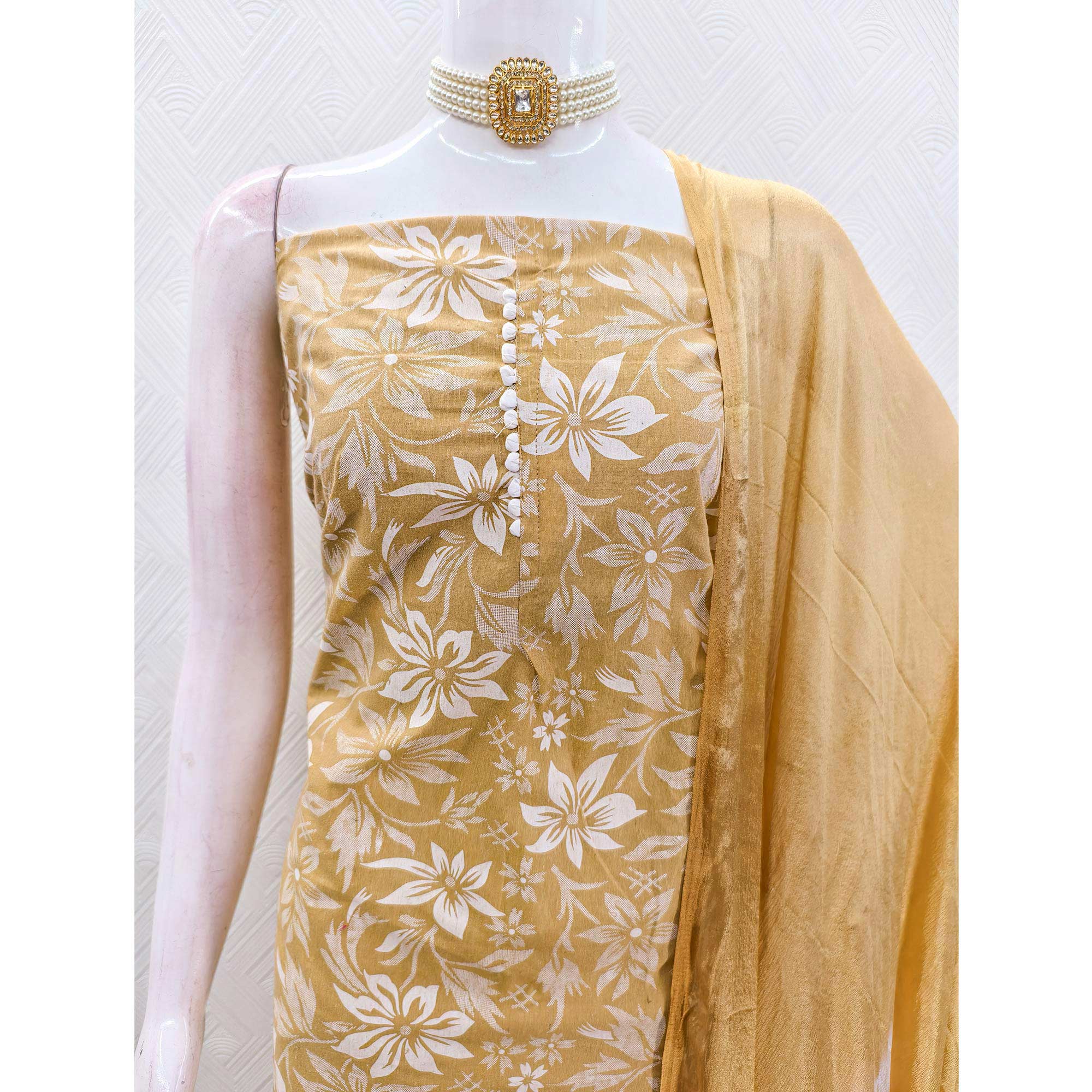 Mustard Cotton Blend Dress Material Adorned With Floral Printed Work