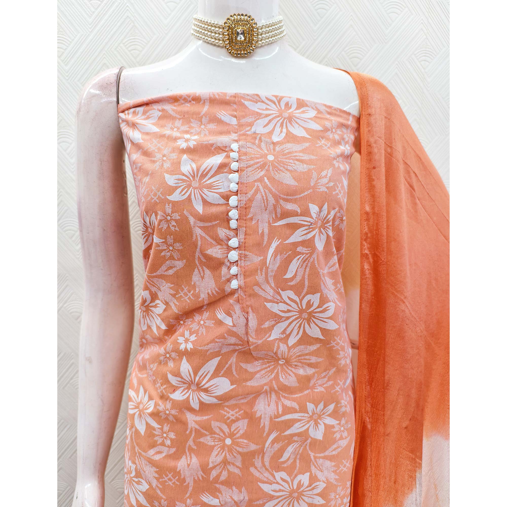Peach Cotton Blend Dress Material Adorned With Floral Printed Work