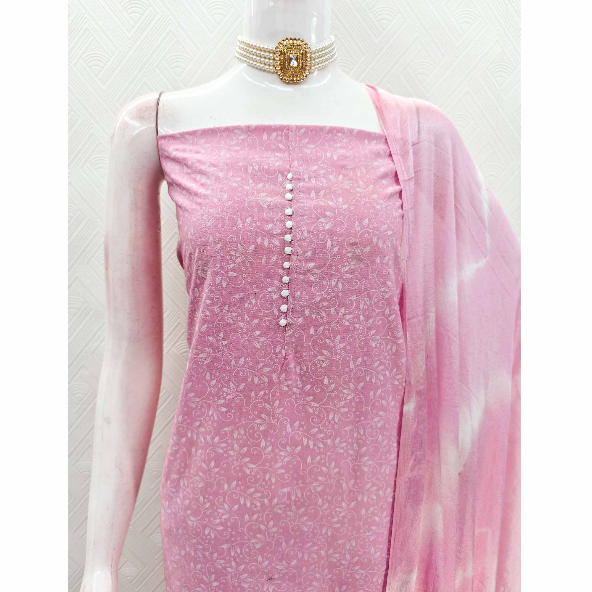 Pink Cotton Blend Dress Material Enhanced With Artistic Floral Printed Work