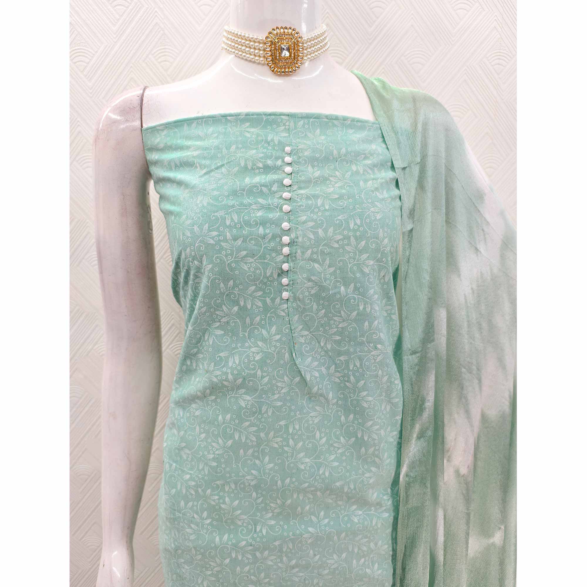 Sea Green Cotton Blend Dress Material Enhanced With Artistic Floral Printed Work