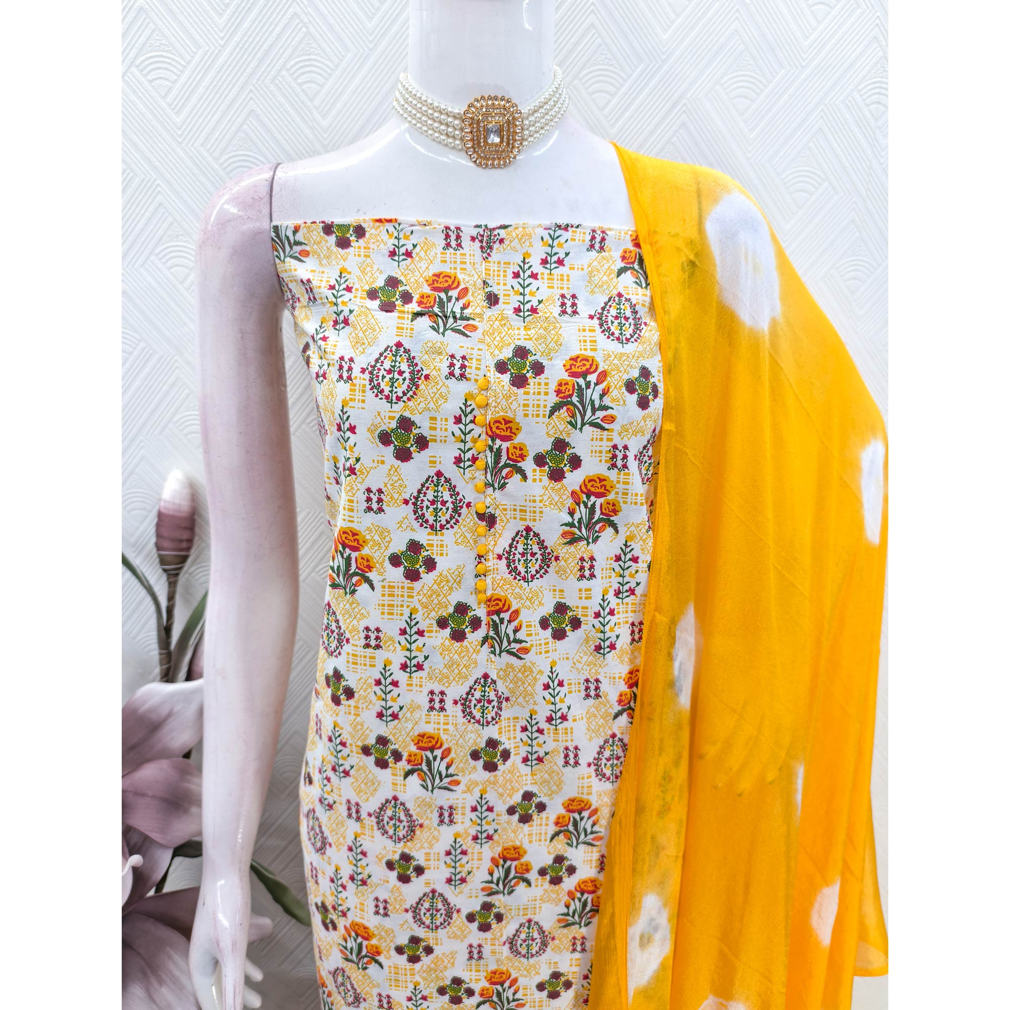 Lightweight Cream & Yellow Cotton Dress Material with Beautiful Floral Print Detailing