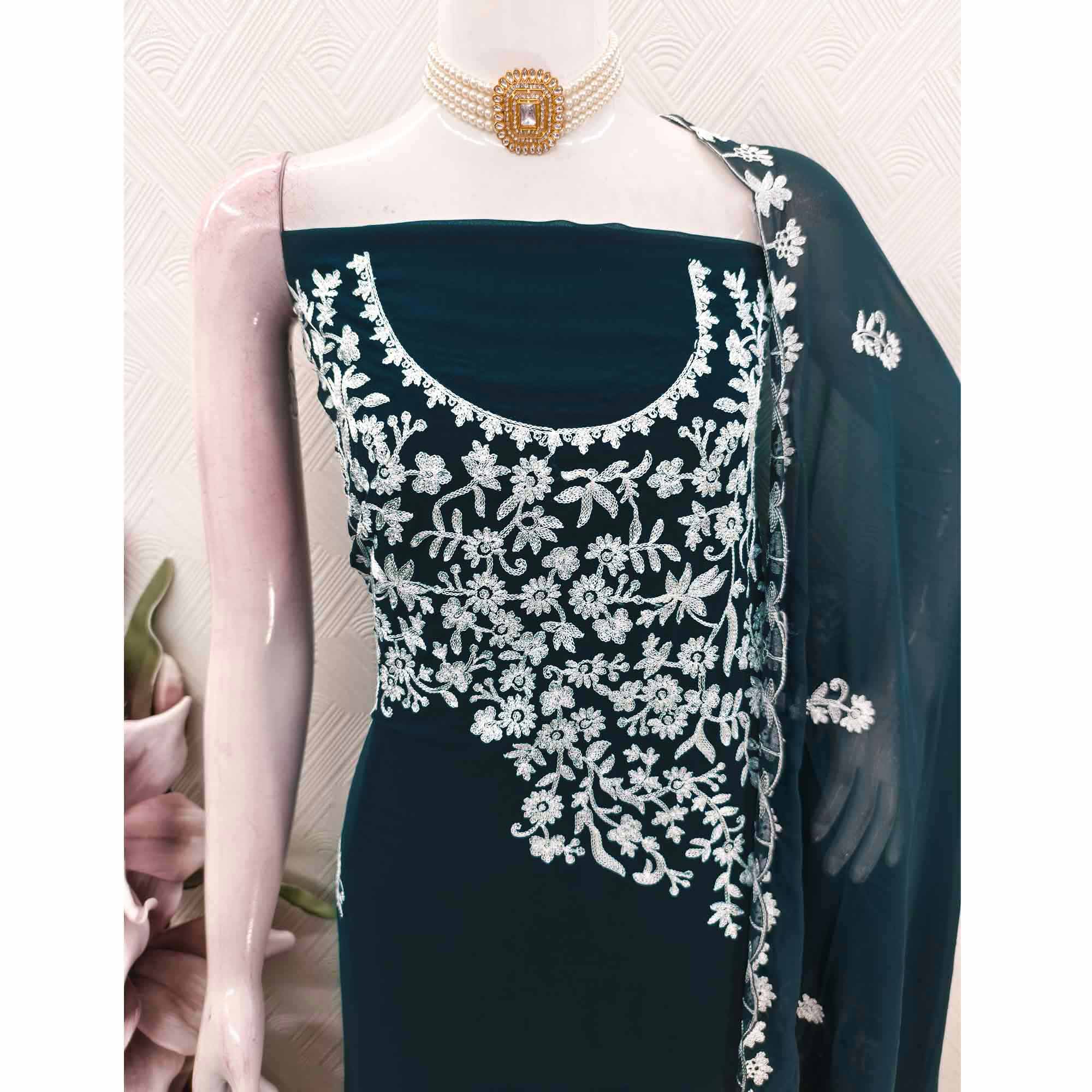 Designer Dark Teal Floral Embroidered Georgette Material for Stylish Dresses and Outfits