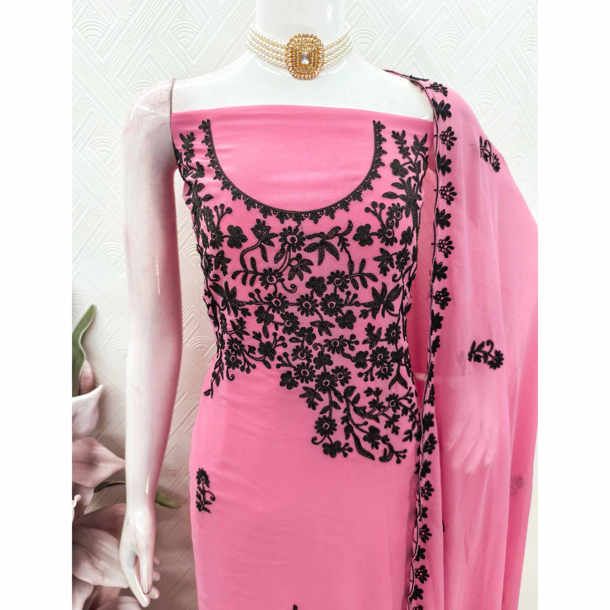 Designer Pink Floral Embroidered Georgette Material for Stylish Dresses and Outfits