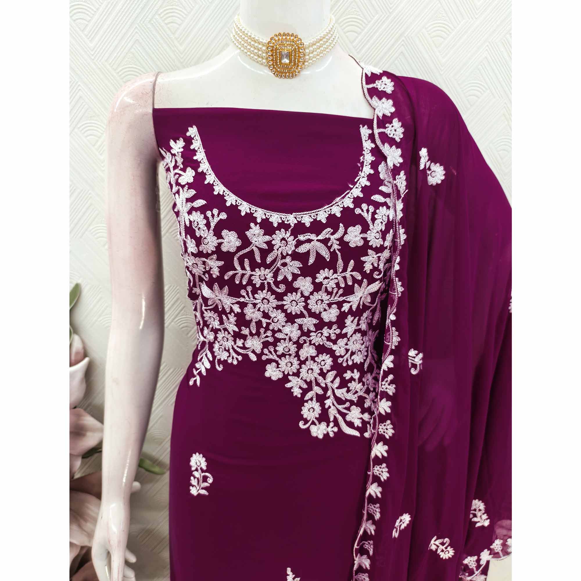Designer Plum Purple Floral Embroidered Georgette Material for Stylish Dresses and Outfits