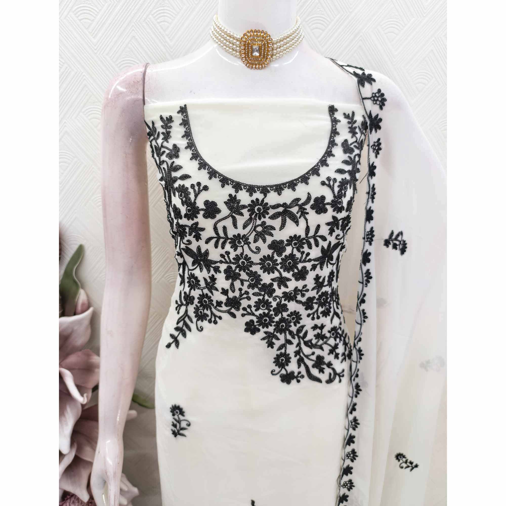 Designer White Floral Embroidered Georgette Material for Stylish Dresses and Outfits