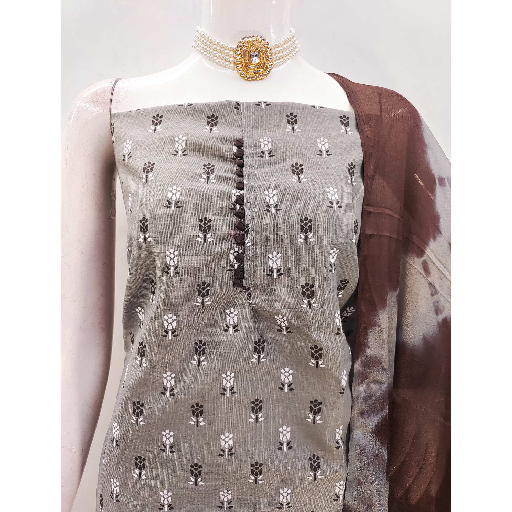 Elegant Light Grey Floral Printed Cotton Blend Dress Material
