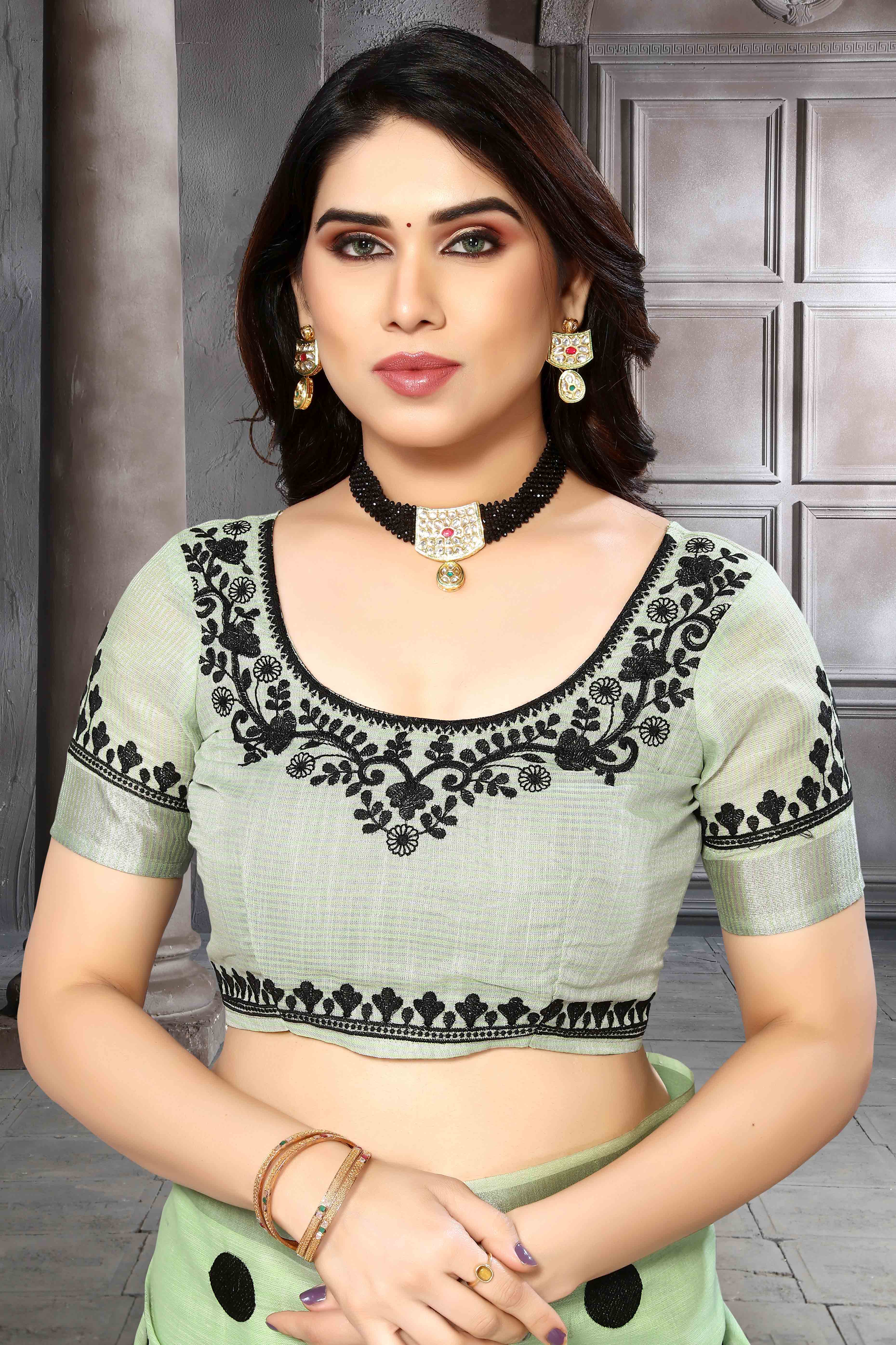 Light Green Embroidered Linen Cotton Saree With Zari Border