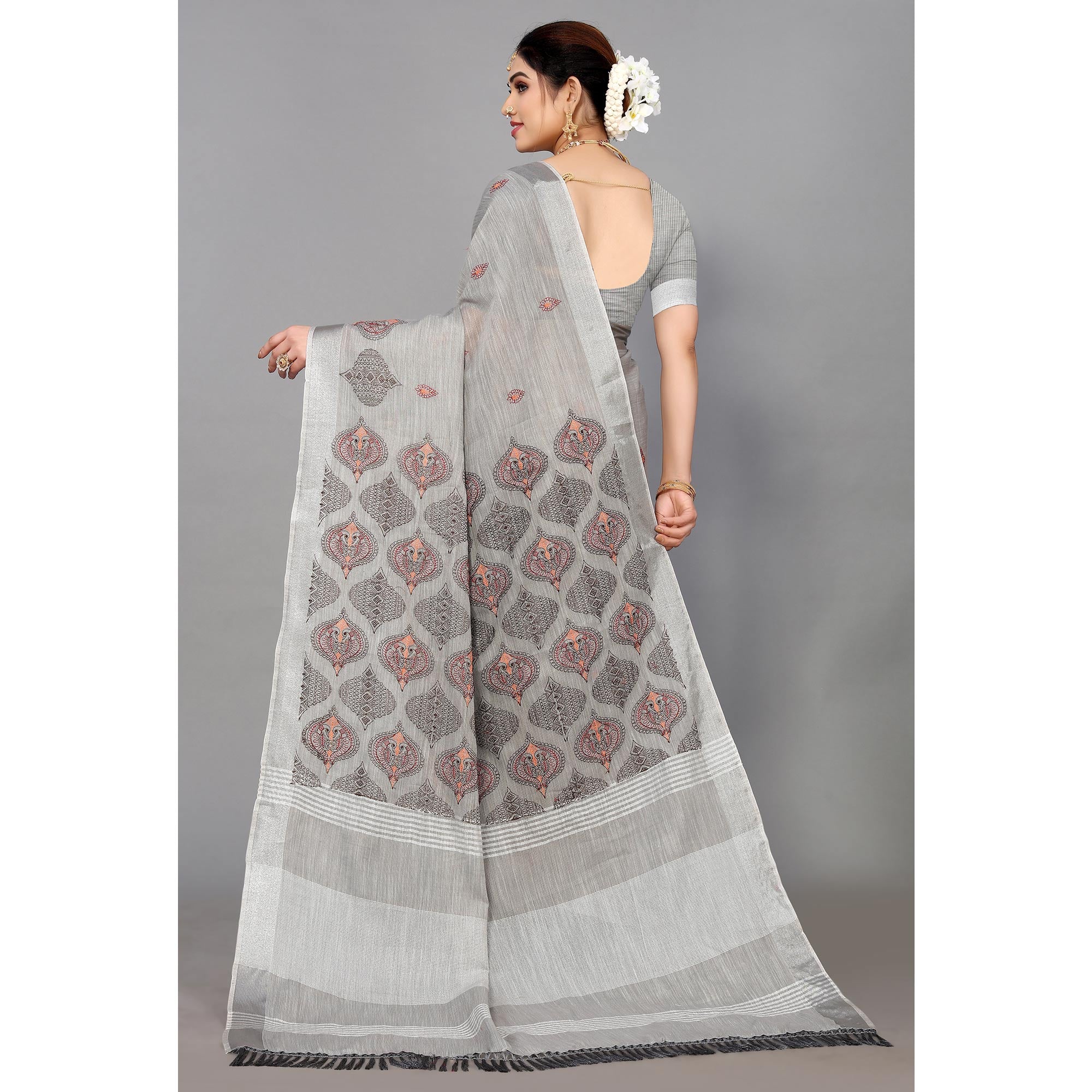 Grey Embroidered Cotton Silk Saree With Tassels