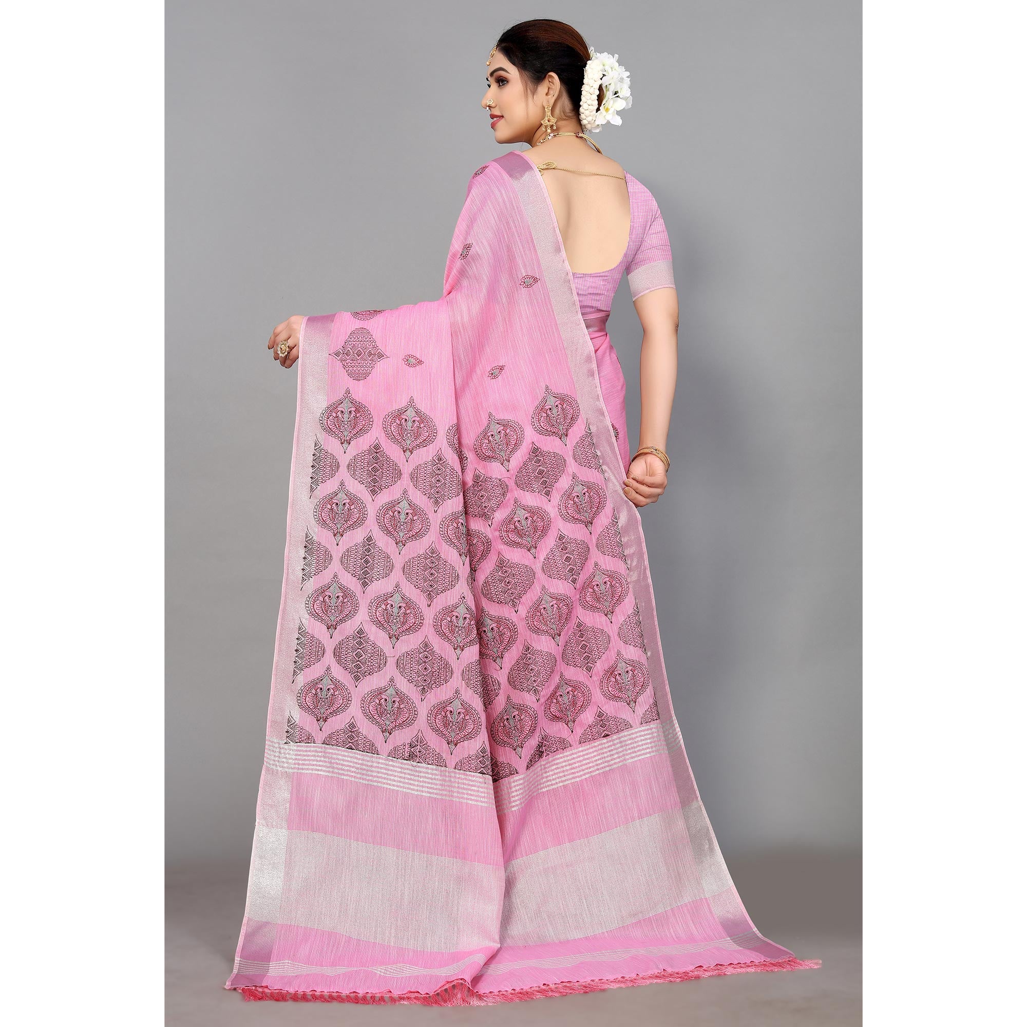 Pink Embroidered Cotton Silk Saree With Tassels