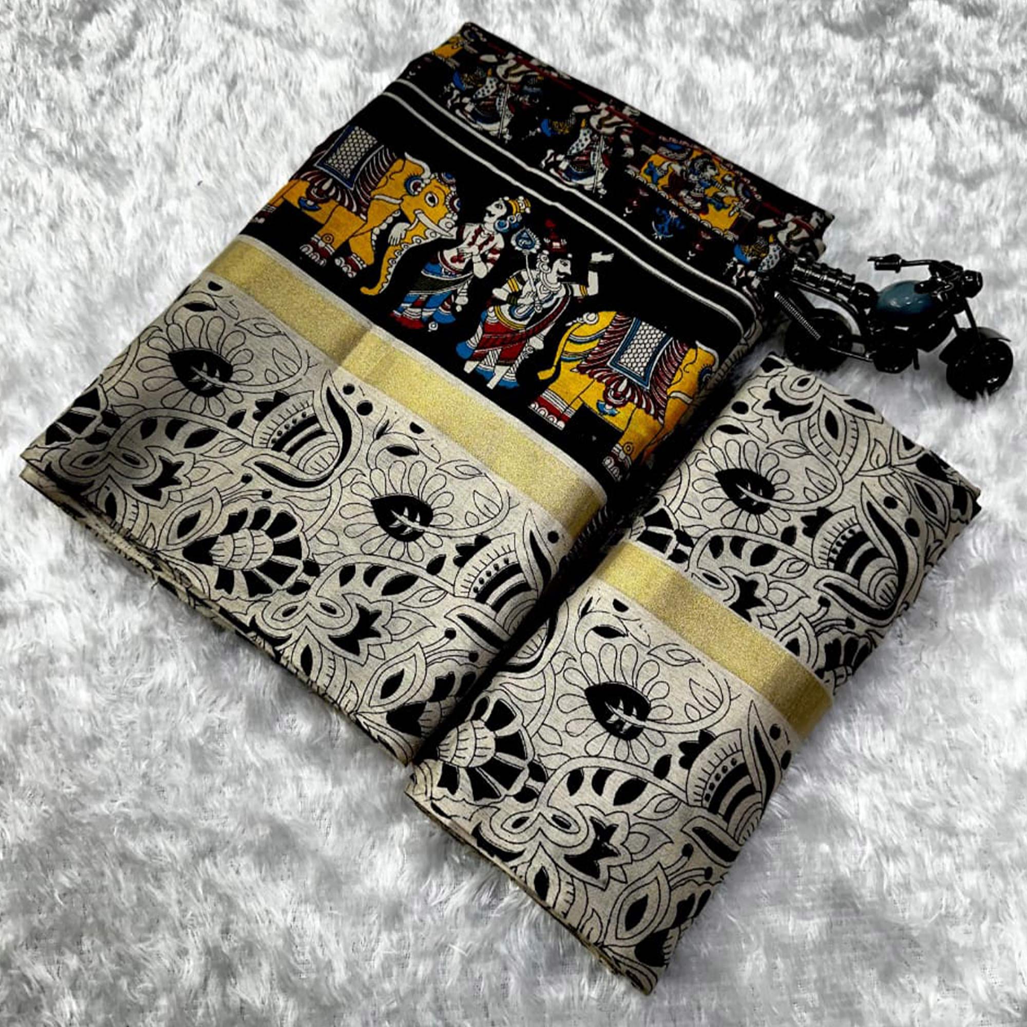 Grey & Black Kalamkari Printed Pure Mulmul Cotton Saree