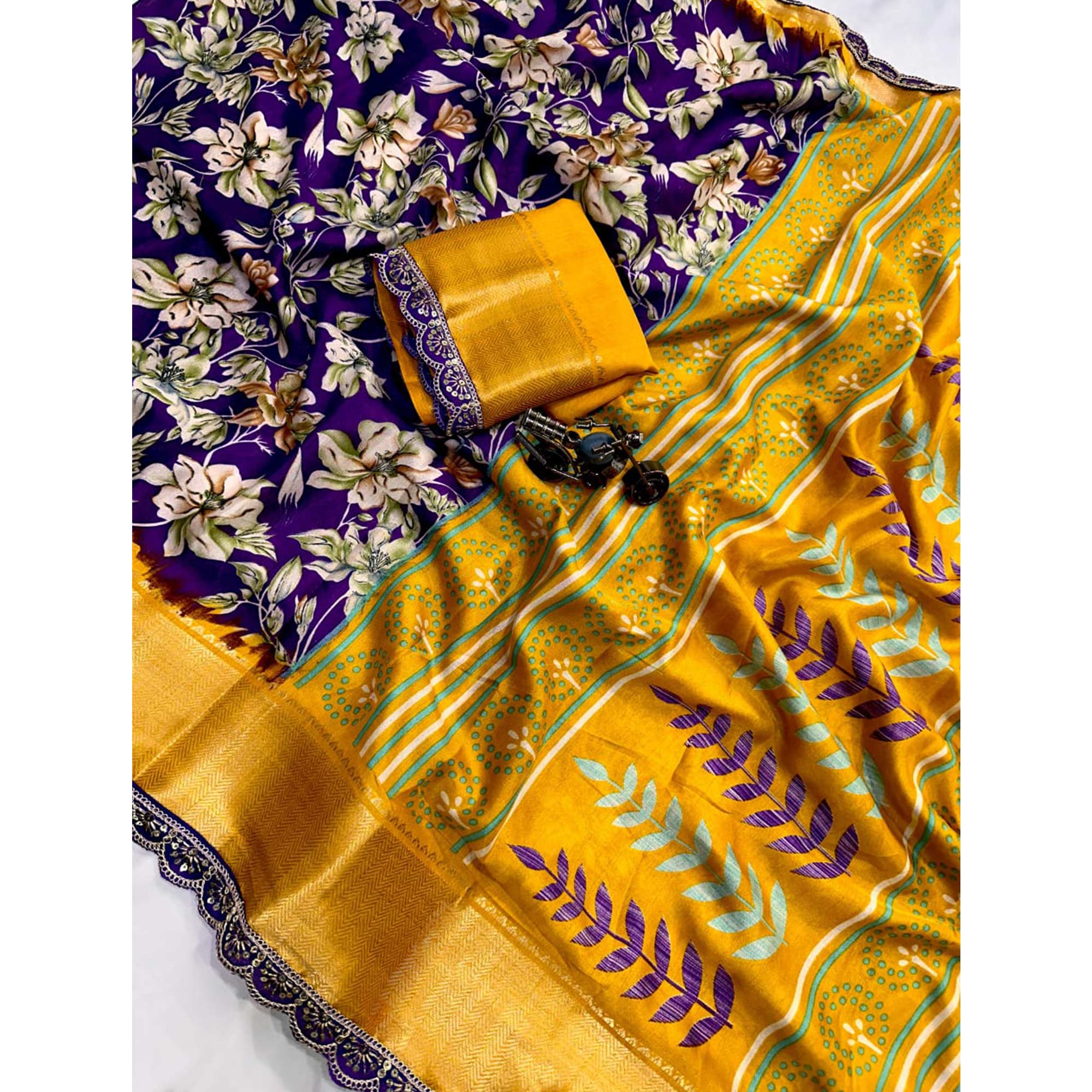 Purple Floral Printed Dola Silk Saree With Zari Border