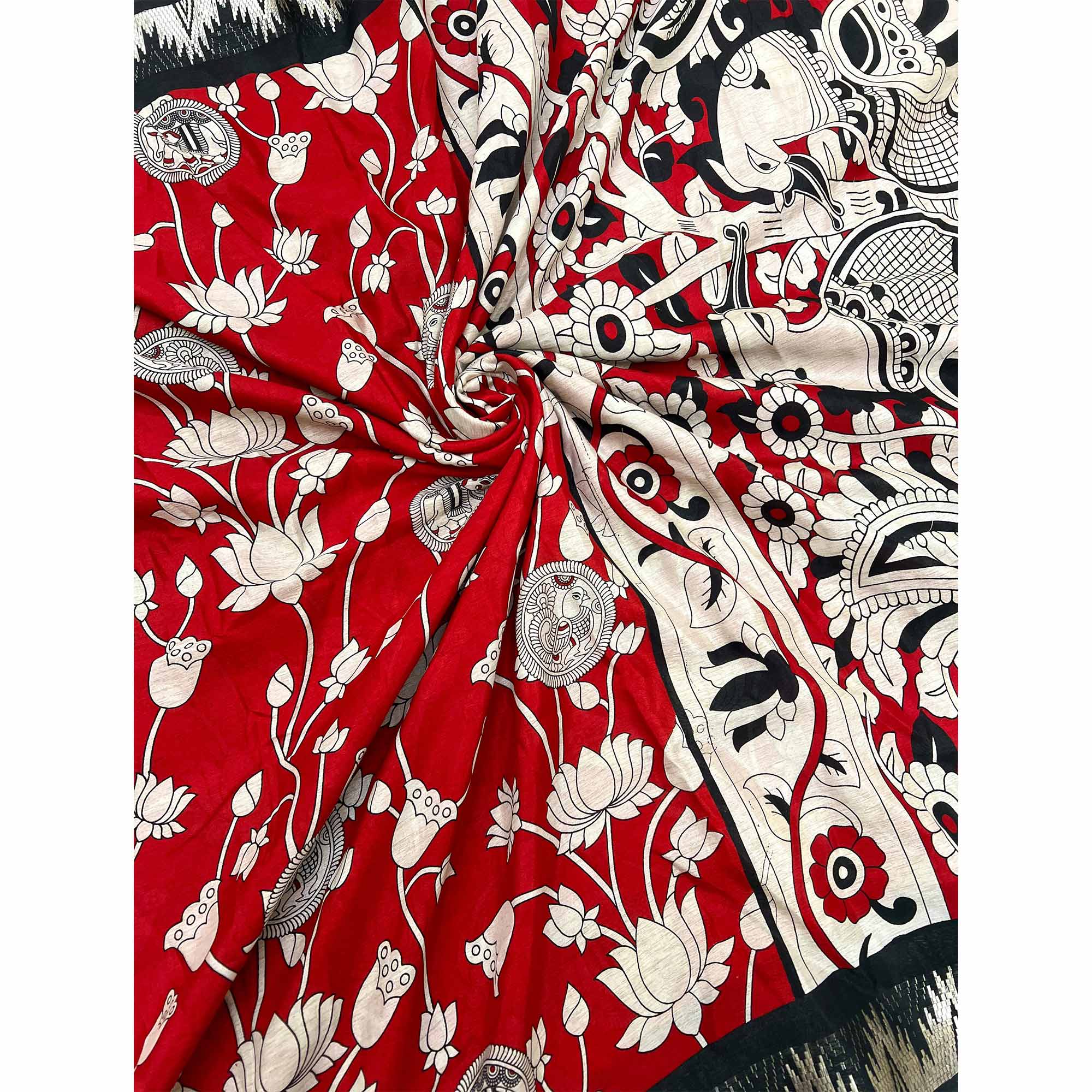 Red & Off White Pichwai-Inspired Kalamkari Print on Soft Pure Cotton Saree