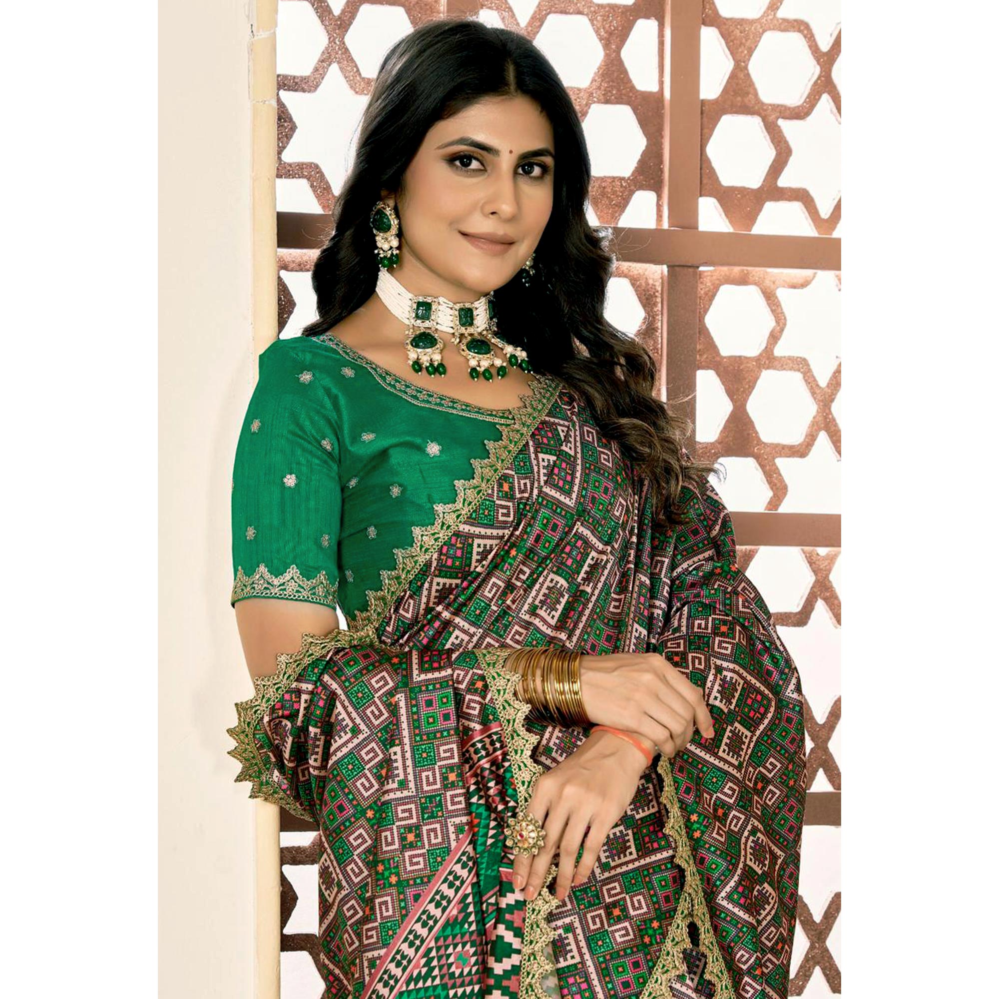 Green Printed Patola Tussar Silk Saree