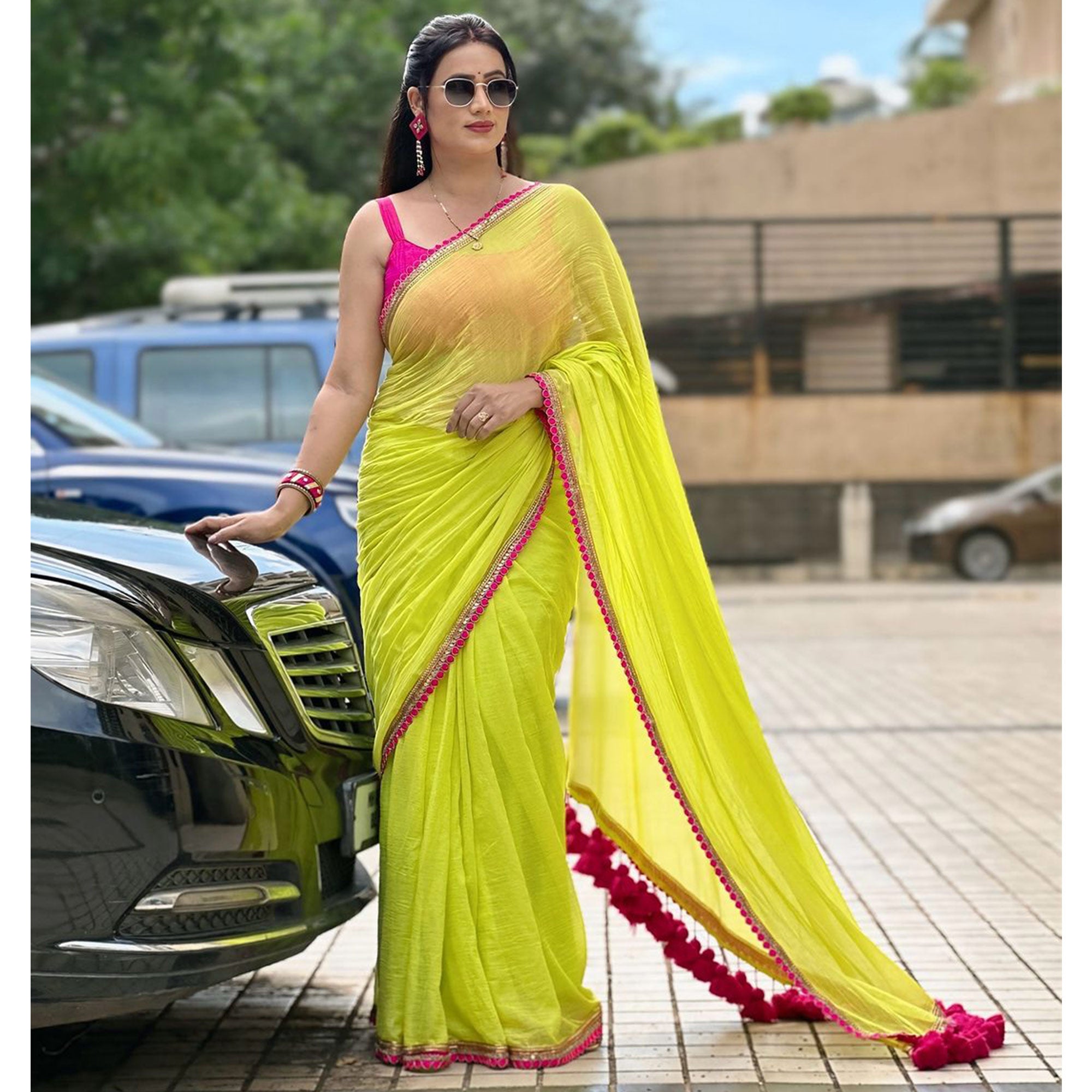 Parrot Green Embroidered Georgette Saree