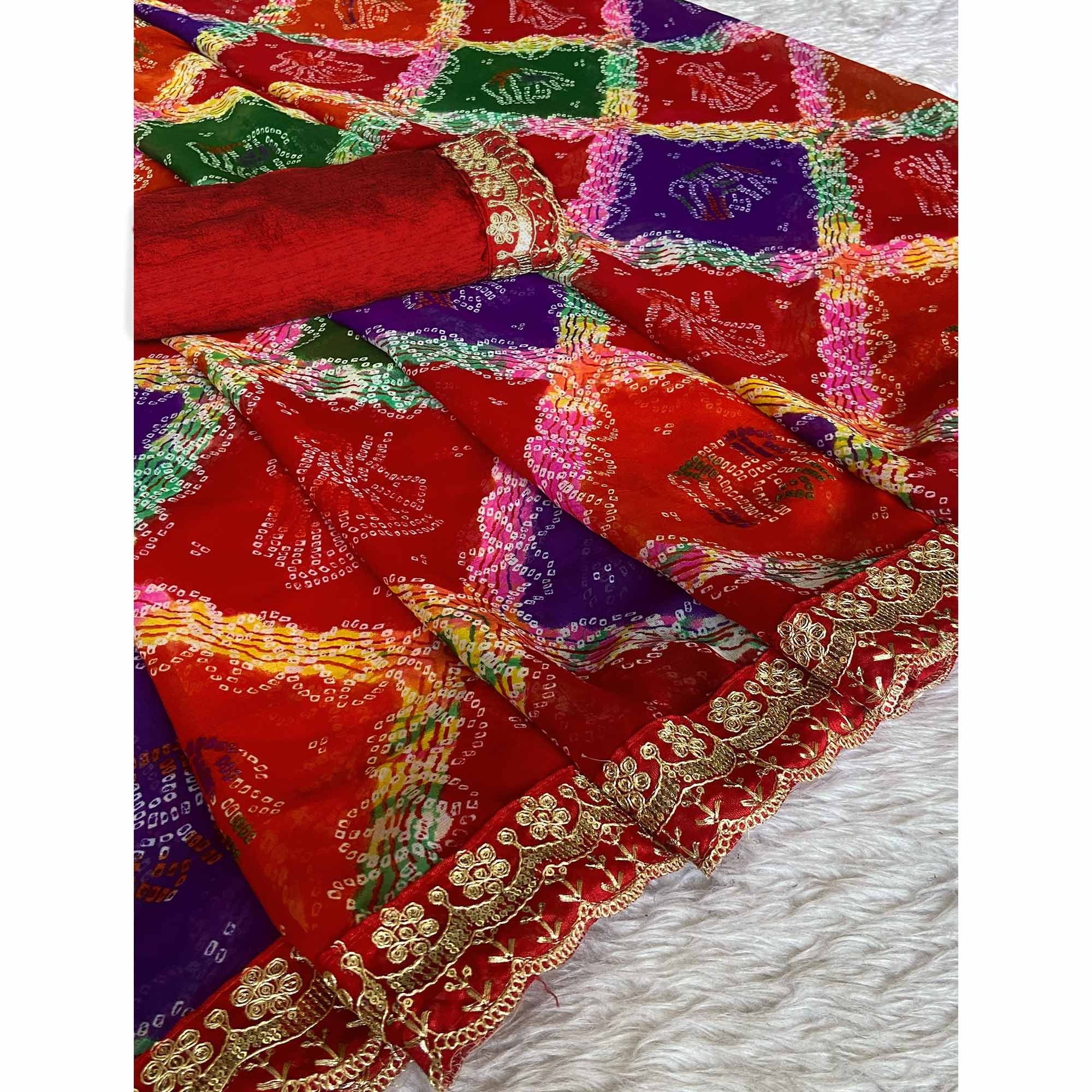 Red Georgette Saree with Bandhani Motifs and Elegant Border Embroidery