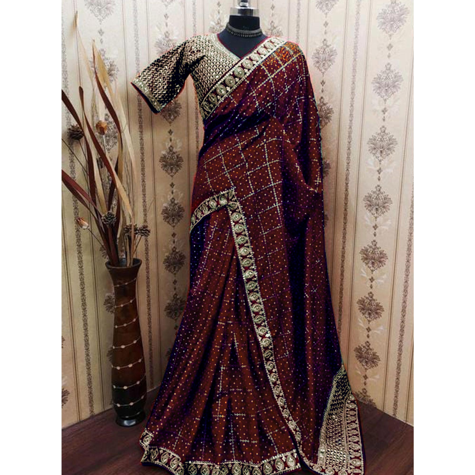 Maroon Printed With Embroidered Border Vichitra Silk Saree