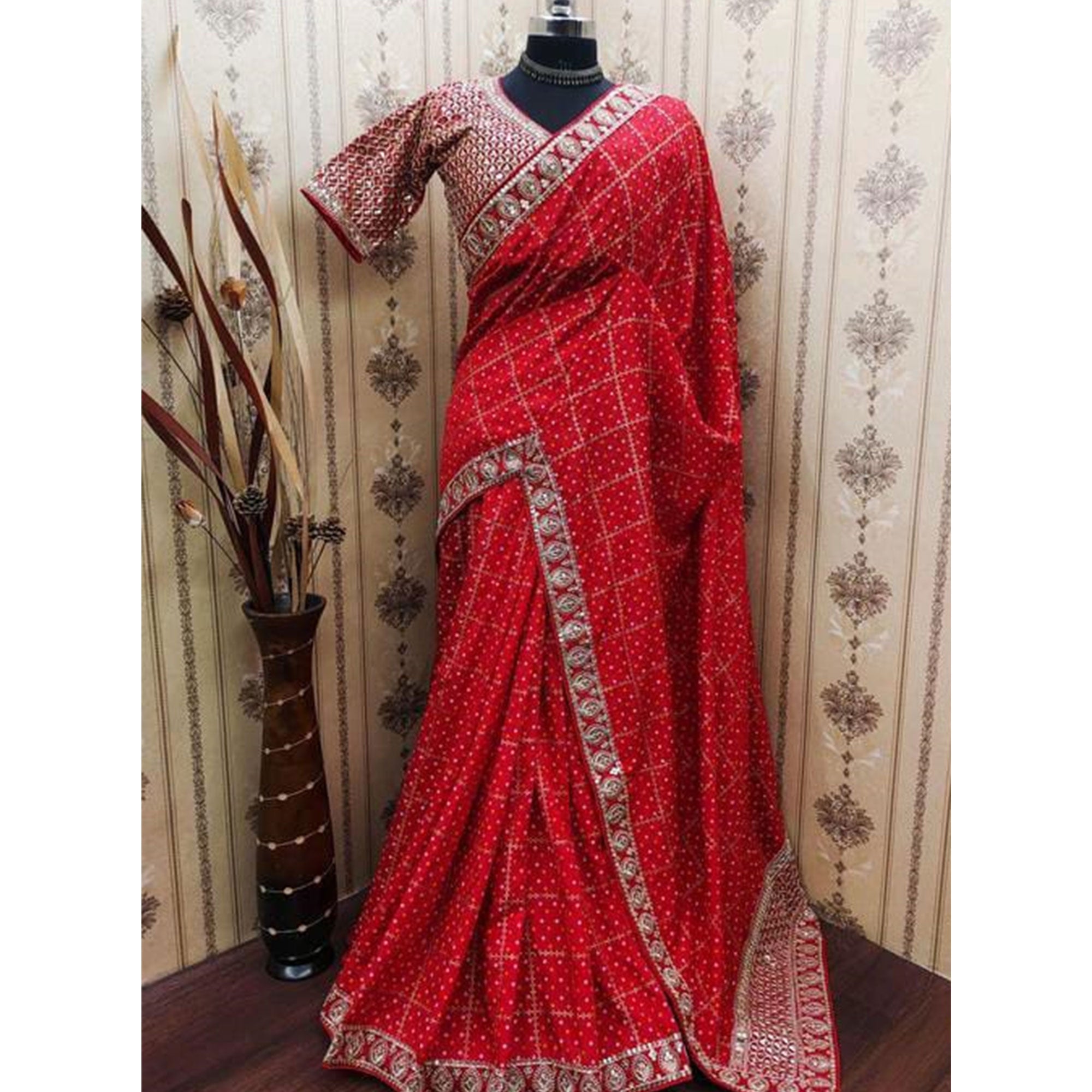 Red Printed With Embroidered Border Vichitra Silk Saree