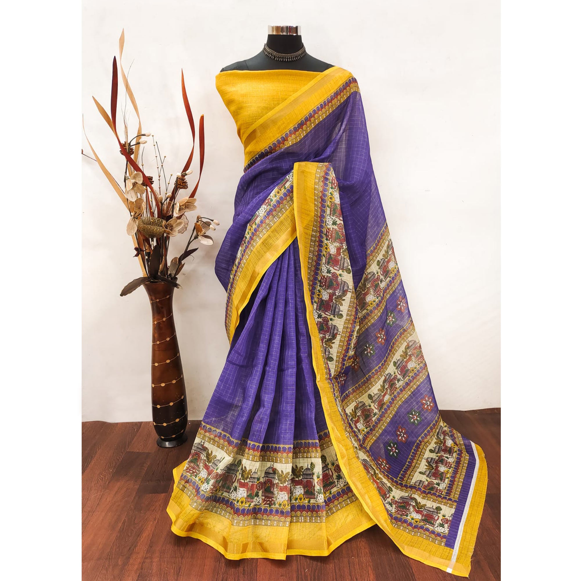 Purple Checks Zari Woven With Printed Linen Saree
