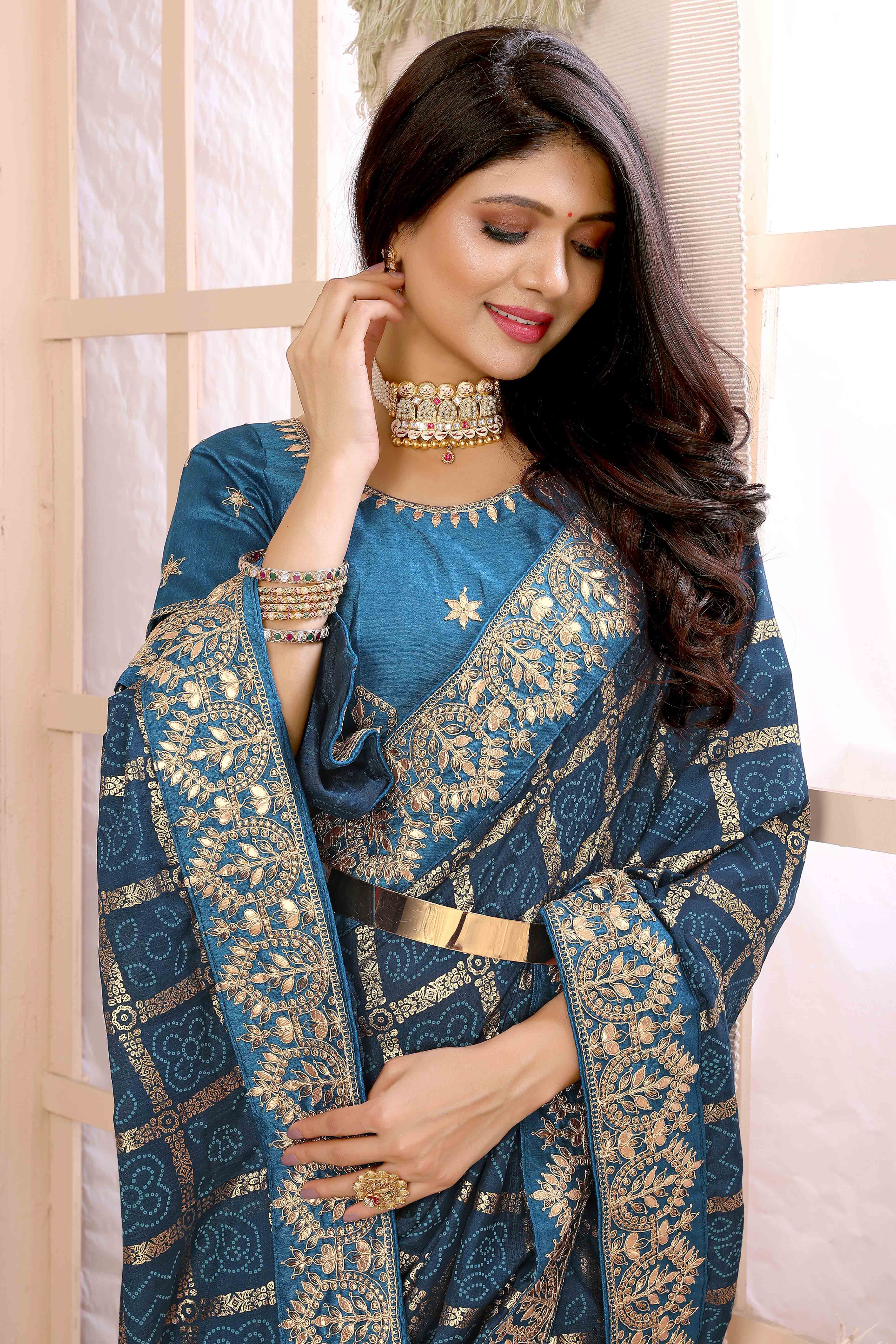 Blue Bandhani Printed Vichitra Silk Saree With Embroidered Border