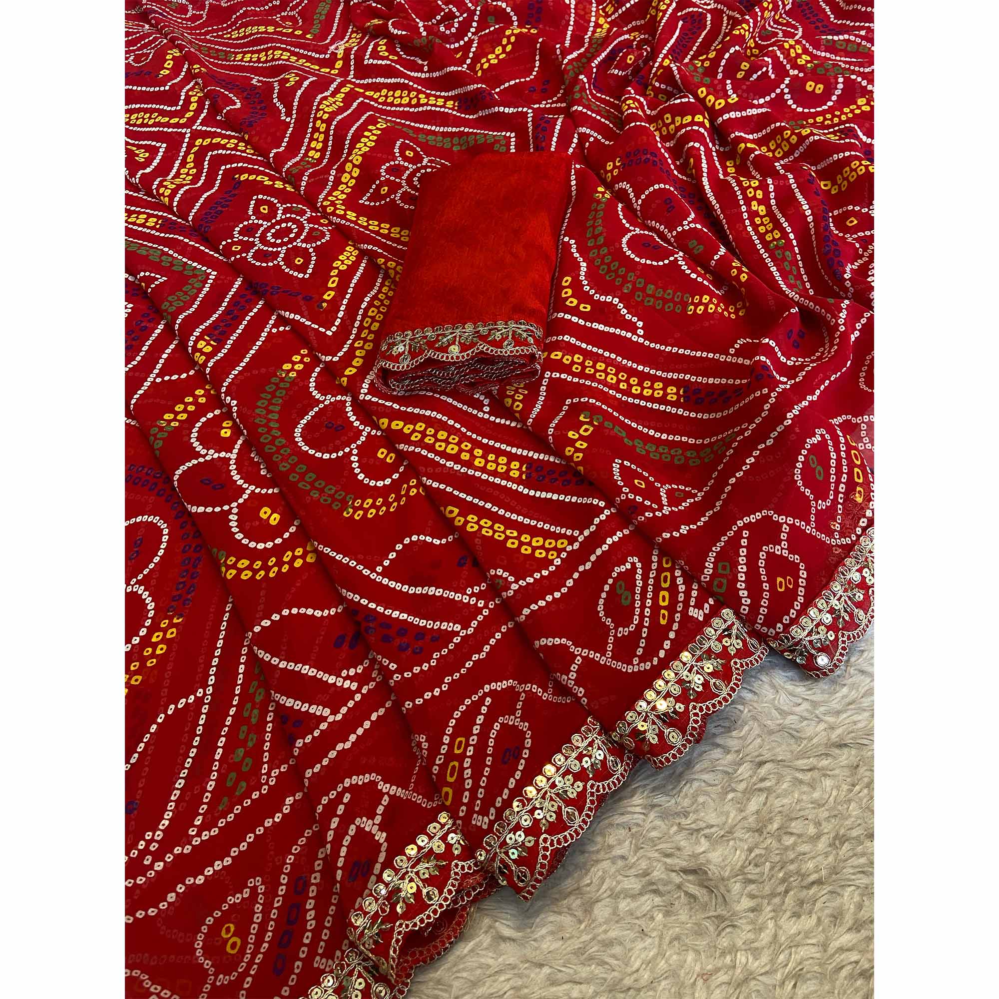 Vibrant Red Bandhani Georgette Saree With Cording & Sequins Lace Border