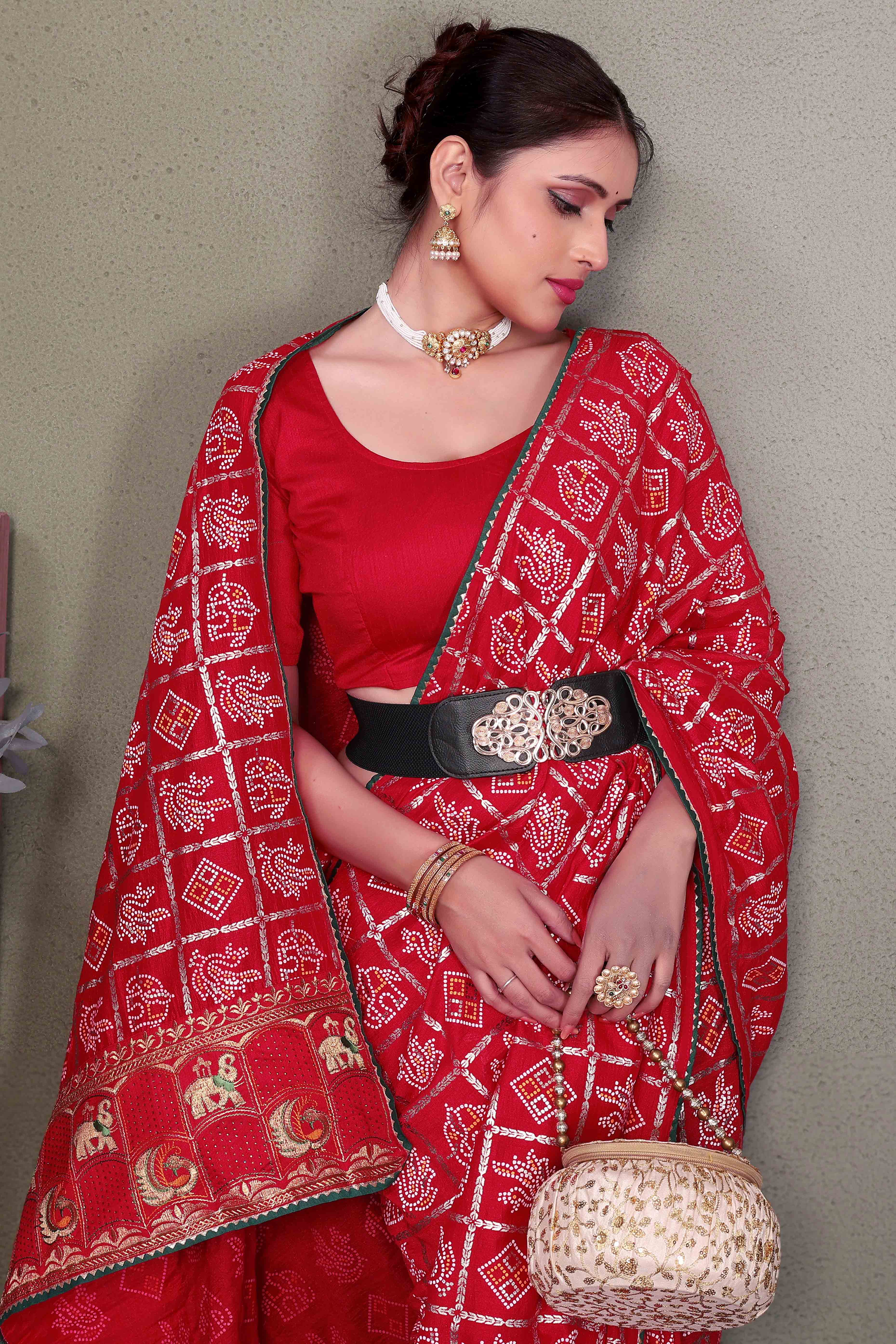 Red Vichitra Silk Saree Featuring Bandhani Patterns and Graceful Embroidered Borders