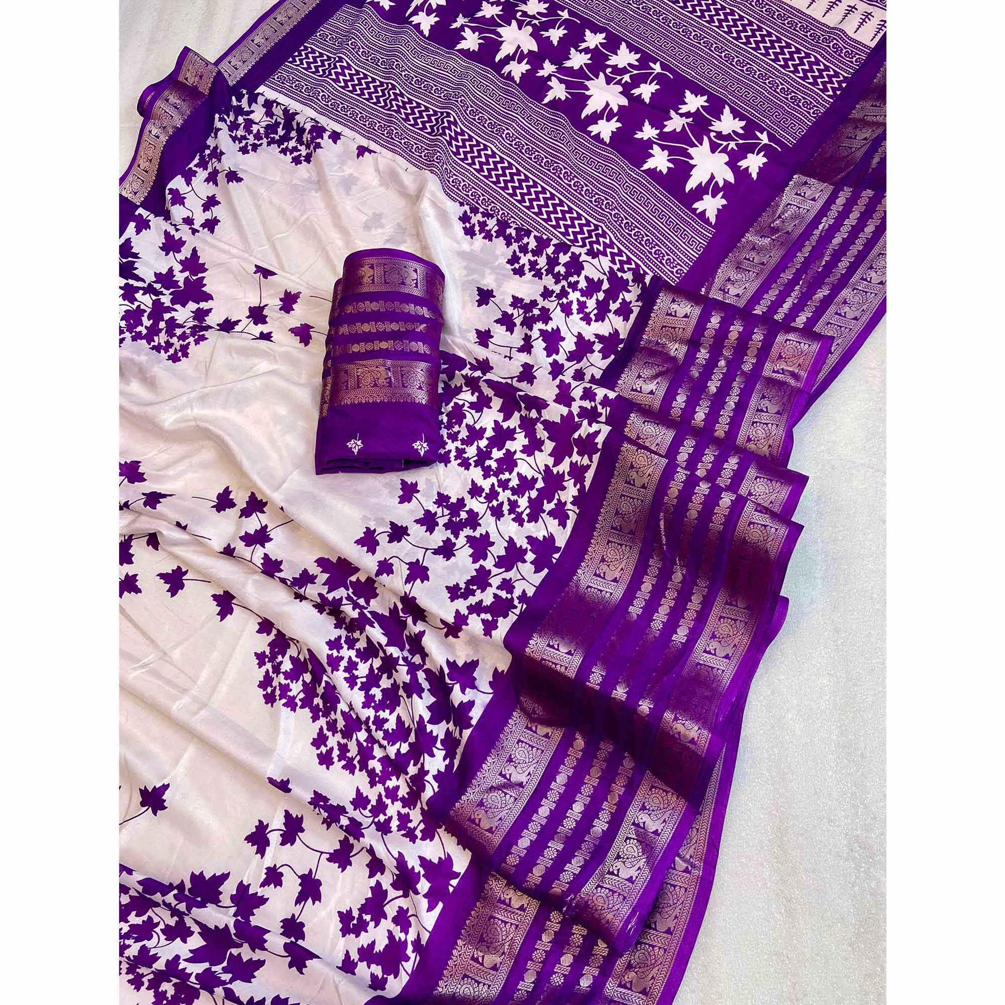 Purple & Offwhite Floral Printed Dola Silk Saree With Zari Border