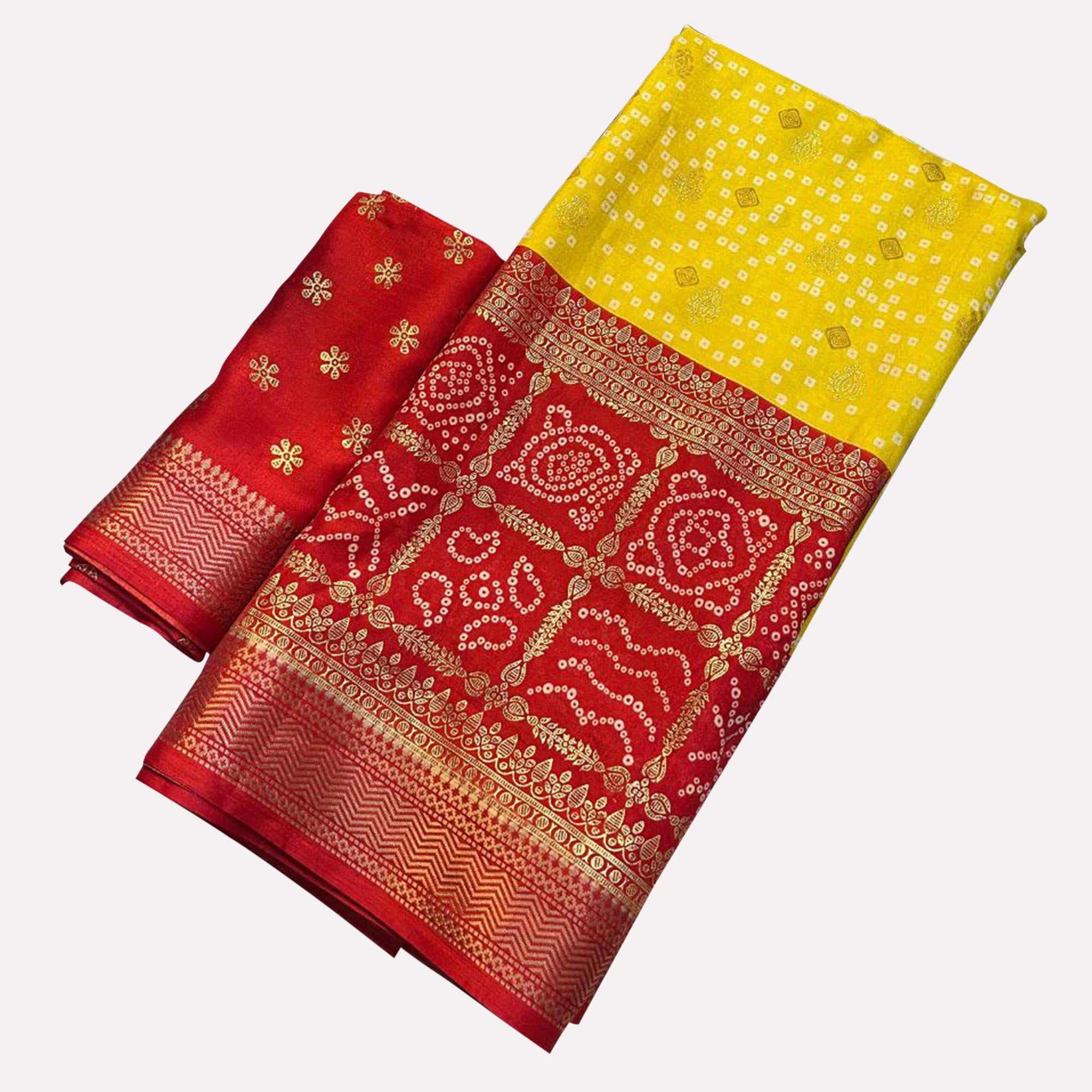 Yellow & Red Woven With Bandhani Printed Dola Silk Saree