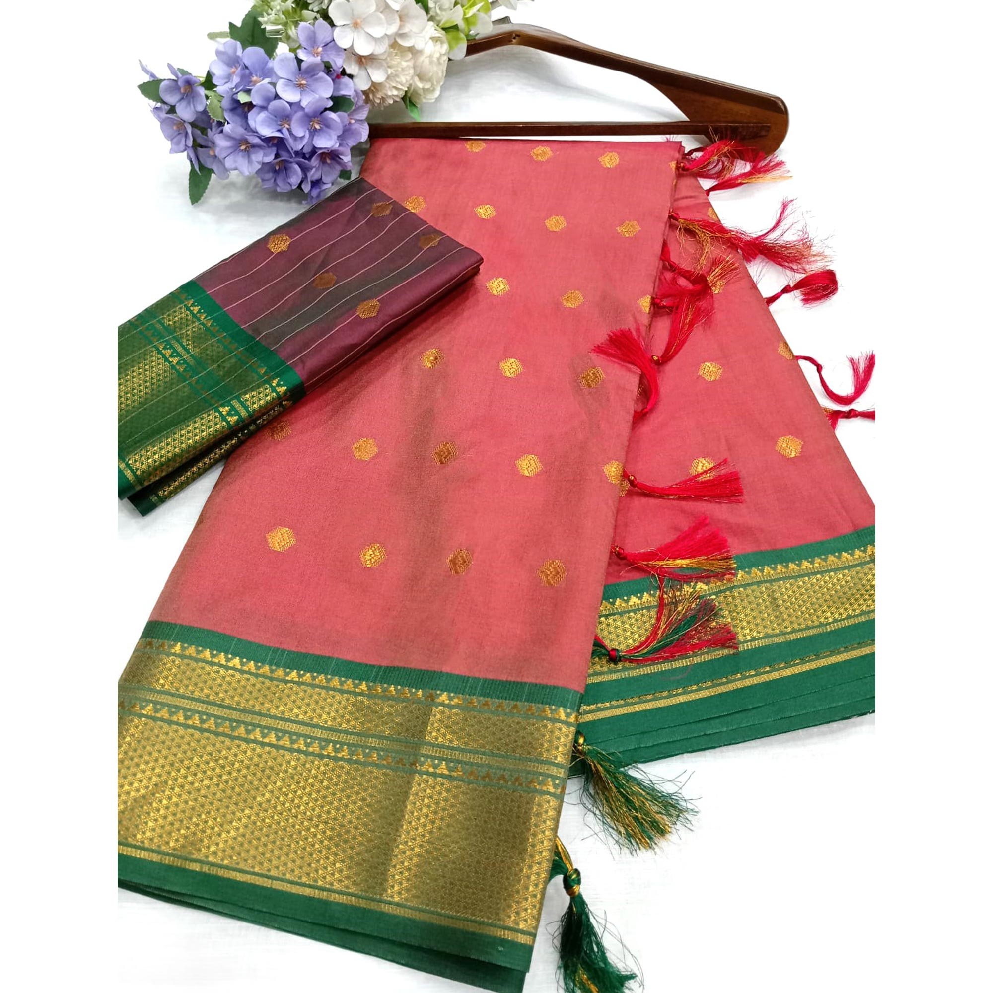 Peach Zari Woven Lichi Art Silk Saree With Tassels