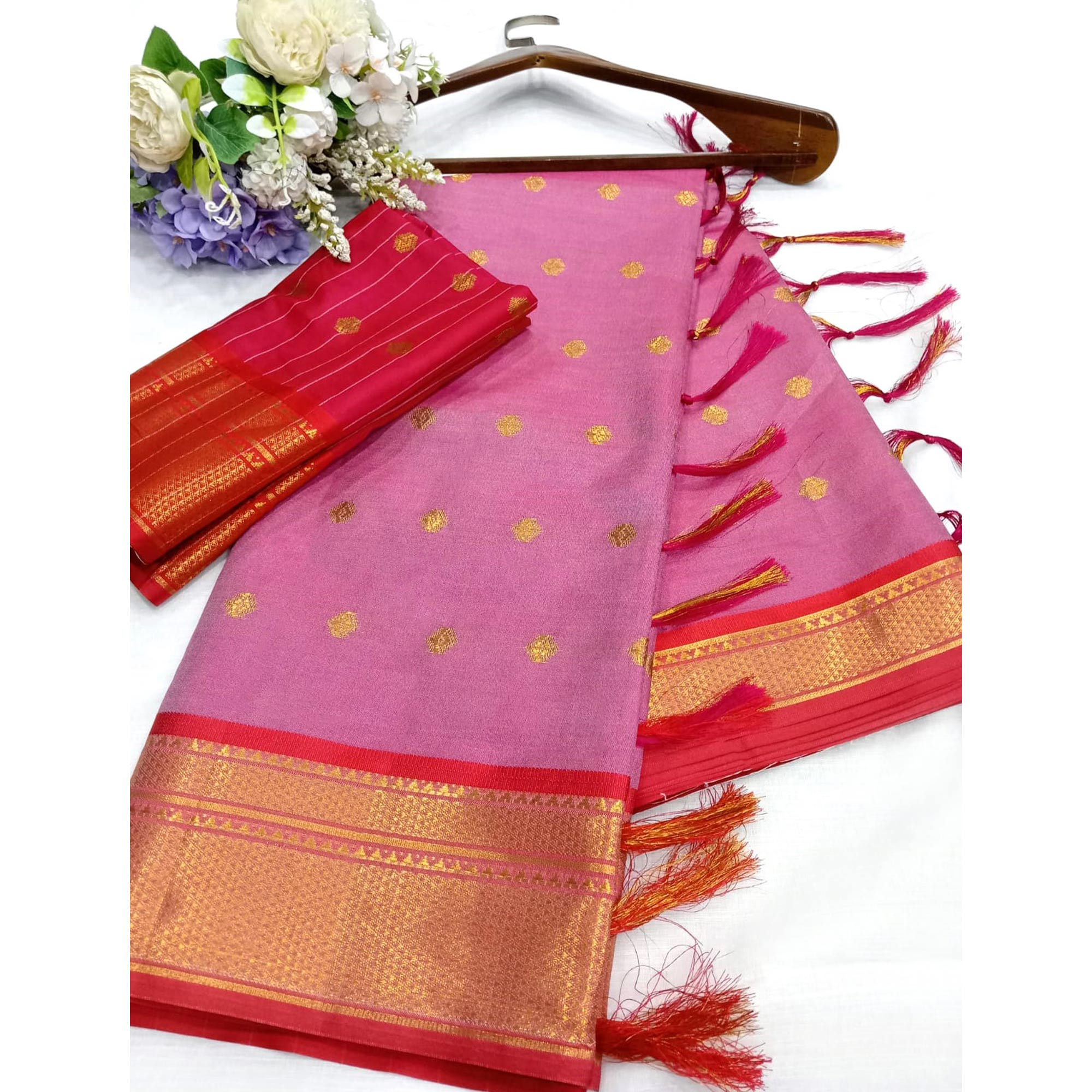 Pink Zari Woven Lichi Art Silk Saree With Tassels