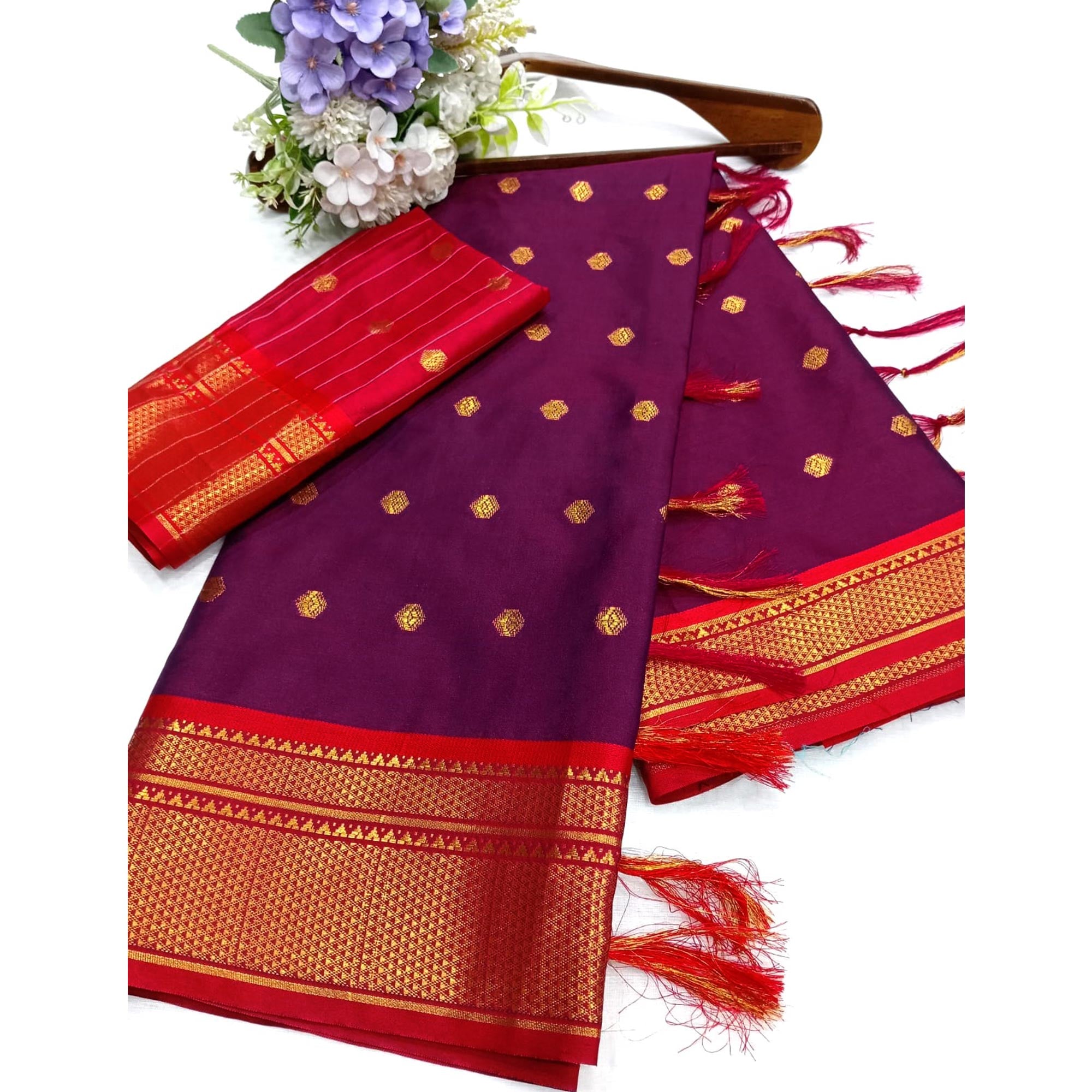 Purple Zari Woven Lichi Art Silk Saree With Tassels